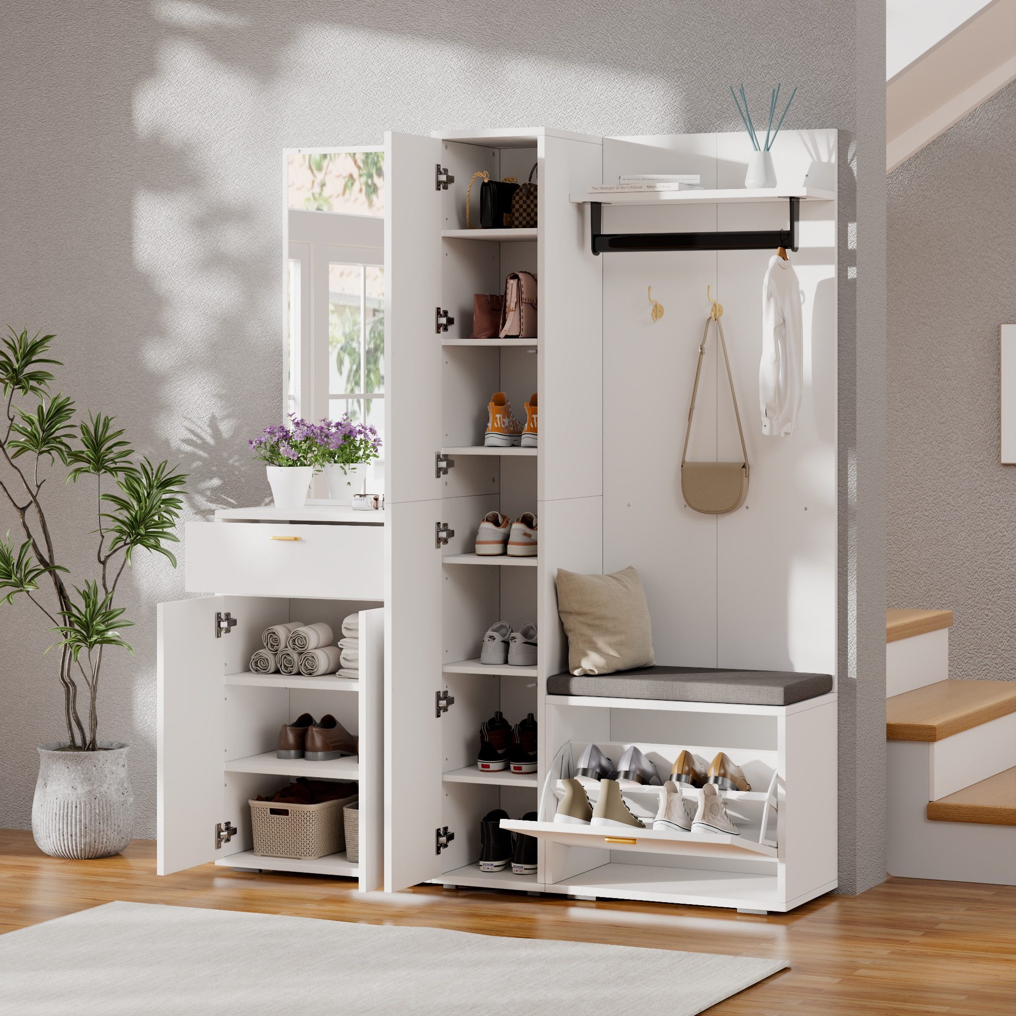 BlingBin Garderoben-Set Kompaktgarderobe Wandgarderobe Flurschrank Garderobenständer, (1-St., mit Spiegel, Kleiderstange, 3 Türen, Schuhschrank, Sitzbank, Schublade), 150Lx36Bx180H cm, für Flur, Schlafzimmer, Weiß