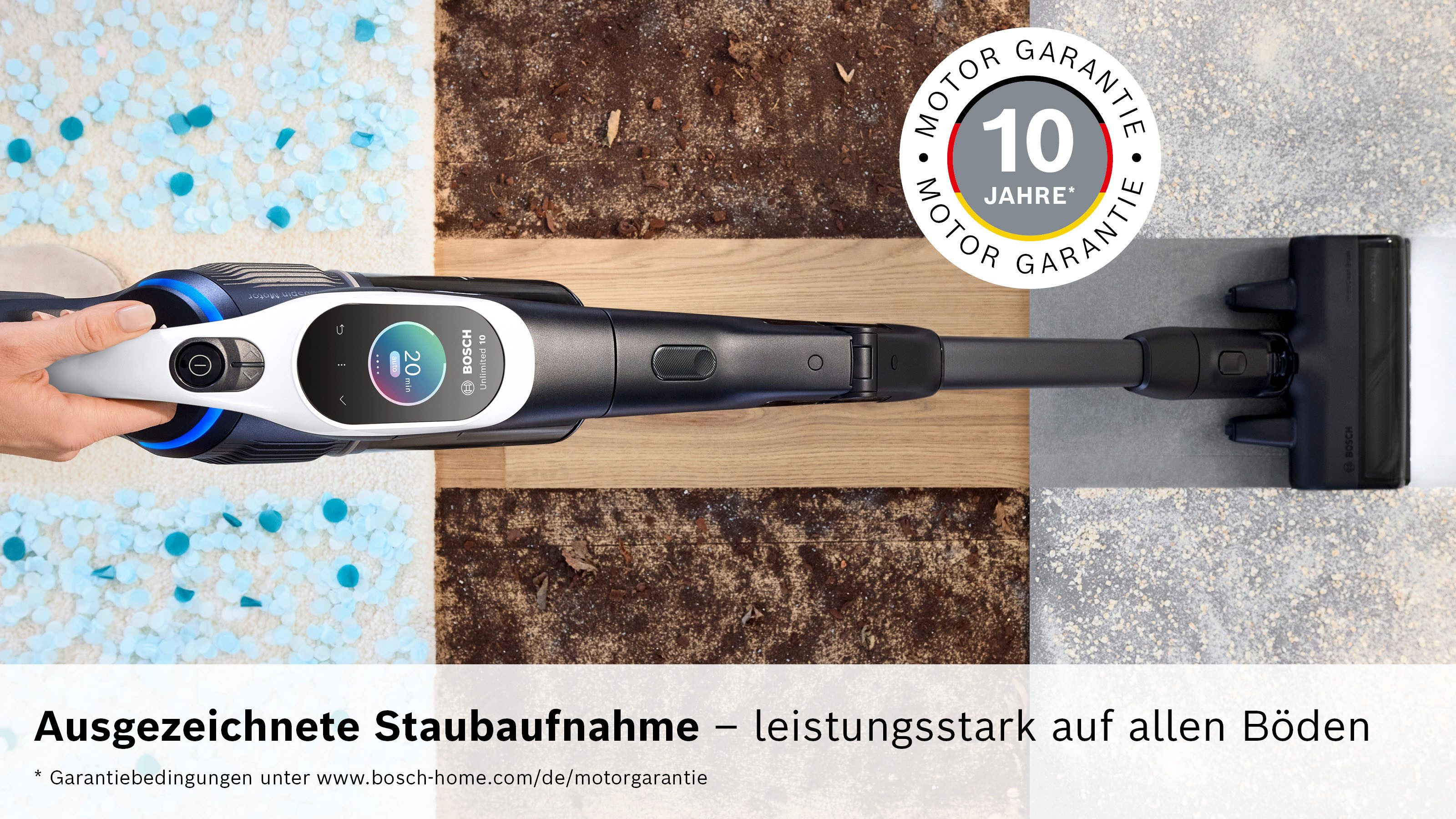 BOSCH Akku-Stielstaubsauger Unlimited 10 BTS1042WAC, TESTSIEGER, 10 J. Motorgarantie, beutellos, Display, Knickrohr, HEPA-Filtersystem, Schnellladegerät, 2 Akkus, weiß