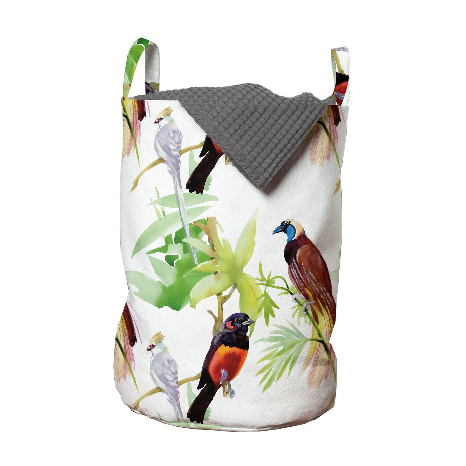 Abakuhaus Wäschesäckchen Wäschekorb mit Griffen Kordelzugverschluss für Waschsalons, Tropisch Exotische Vögel Green Leaves