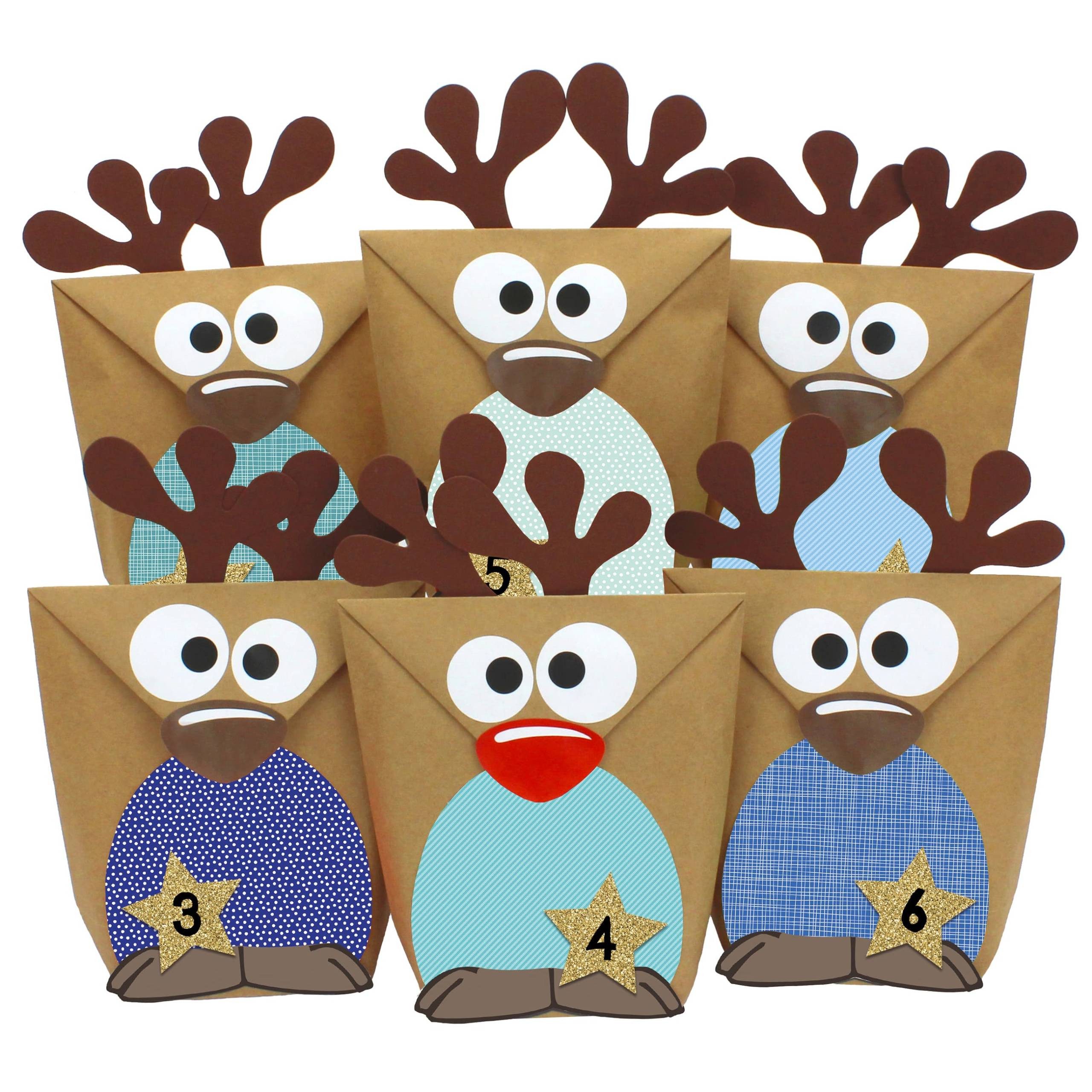 PAPIERDRACHEN befüllbarer Adventskalender Set RENTIERE mit Papiertüten, Zahlenaufklebern, Bäuche/Augen etc., 4 verschiedene Farb-Varianten
