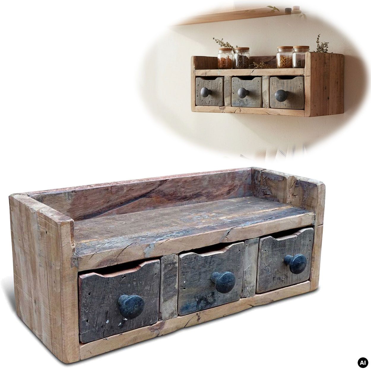 LS-LebenStil Küchenregal Vintage Dehli 35cm hängend Gewürzregal Wandregal Wandboard, Schlüsselkasten Schubladenregal Hängeregal 1-tlg., 3 Schubladen, auch freistehend als kleine Kommde