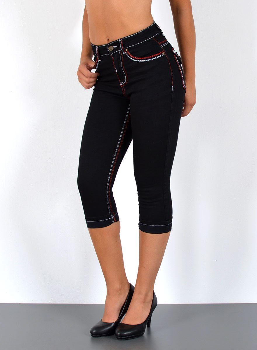 ESRA Caprijeans 3/4 Capri Jeans Damen High Waist weiße Naht Jeans Kontrastnähte J569 Capri Jeans Damen High Waist weiße Naht Jeans Kontrastnähte J569