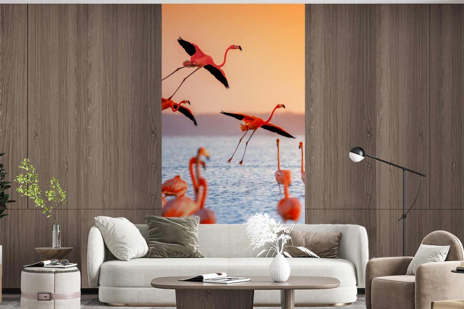 MuchoWow Fototapete Vogel - Flamingo Fototapete - Wasser Matt, für Rosa, Wohnzimmer - - (2 St), bedruckt, Küche, Vliestapete Schlafzimmer Sonnenuntergang