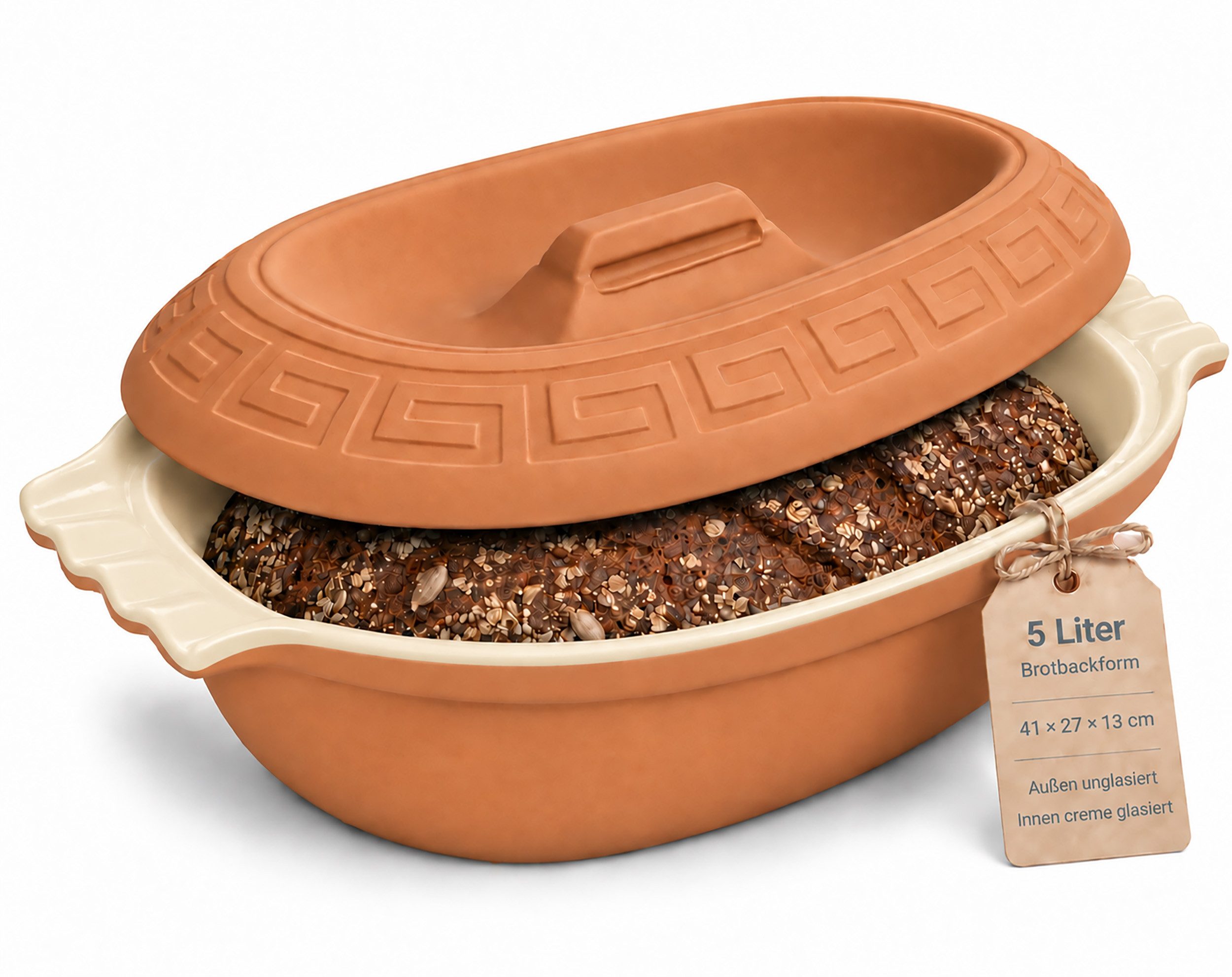 KERAZO Brotbackform 5L Keramik Bräter oval mit Deckel Brottopf Auflaufform 41x27x13, creme, Mit dekorativem Relief am Deckel und markant geformten Seitengriffen