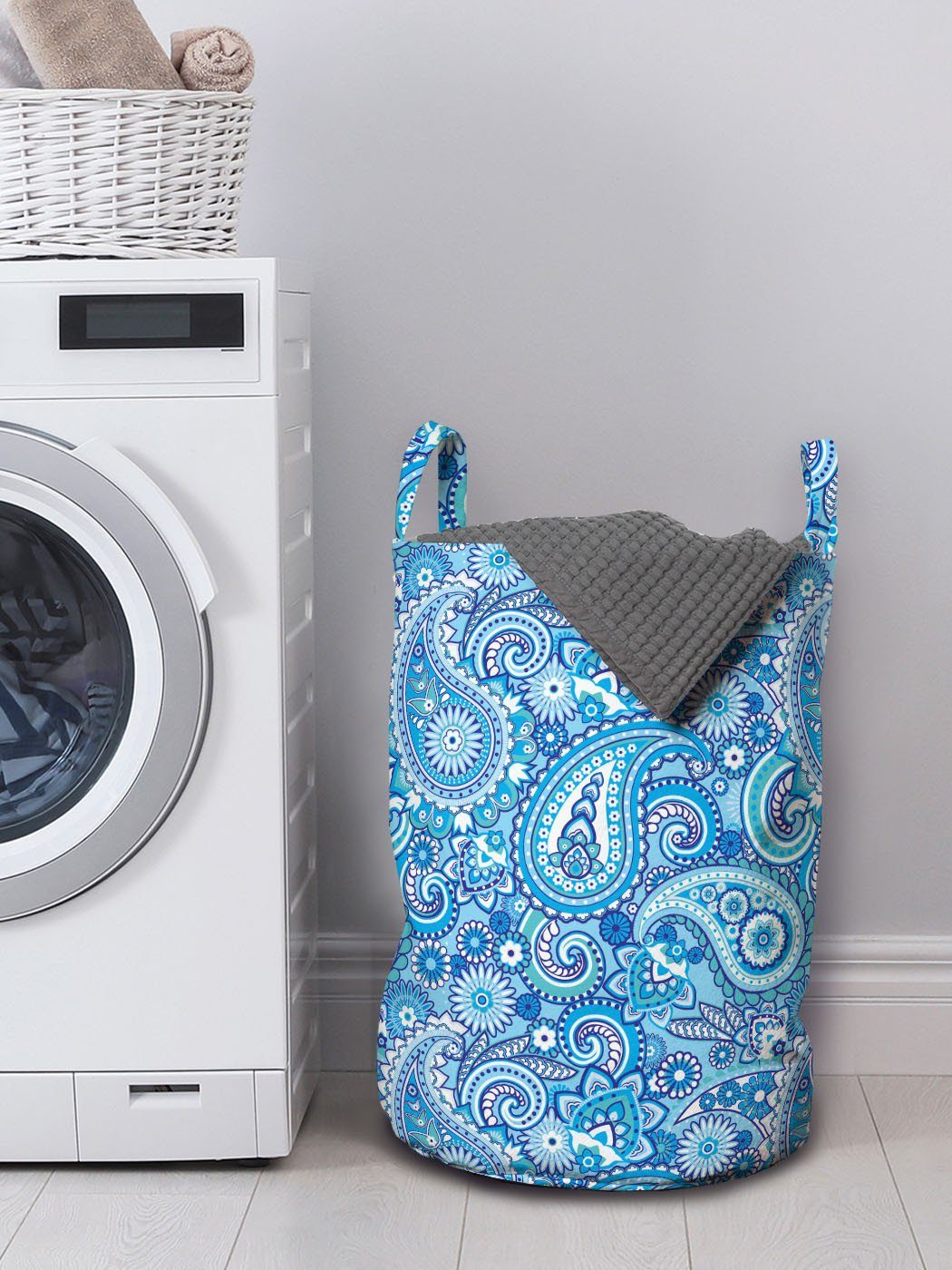 für Kunst Paisley Blaue Wäschesäckchen mit Abakuhaus Boteh Wäschekorb Kordelzugverschluss Waschsalons, blau Griffen Töne