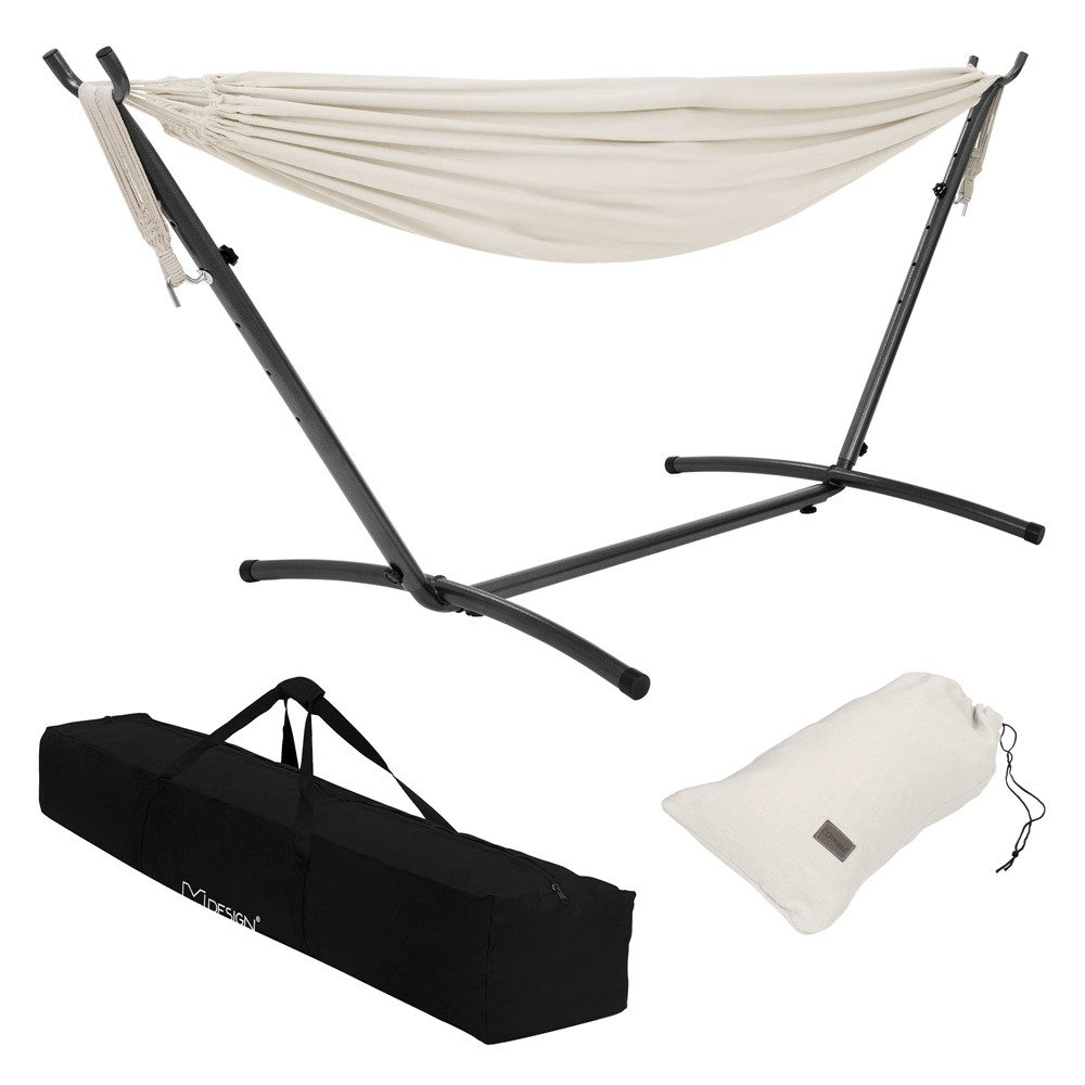 ML-DESIGN Hängematte Doppelhängematte mit Stahlgestell für 2 Personen Belastbarkeit 250 kg, XXL Hängesessel Beige mit Tragetasche und Ständer für Garten/Balkon