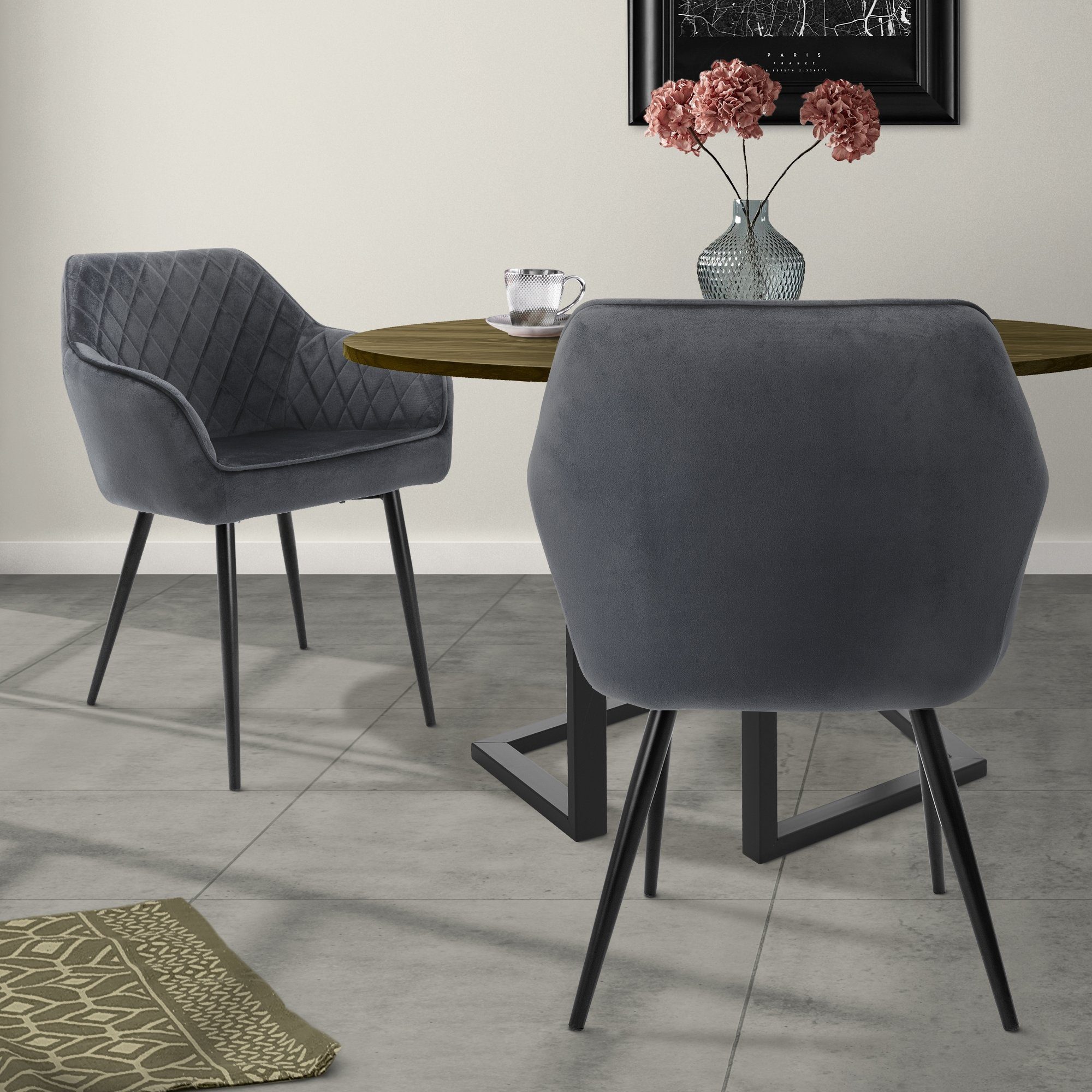 ML-DESIGN Stuhl Esszimmerstühle Set mit Armlehne & Rückenlehne Polsterstuhl Stuhl (2 St), 2er Set Küchenstühle Anthrazit 60x63x80cm aus Samt