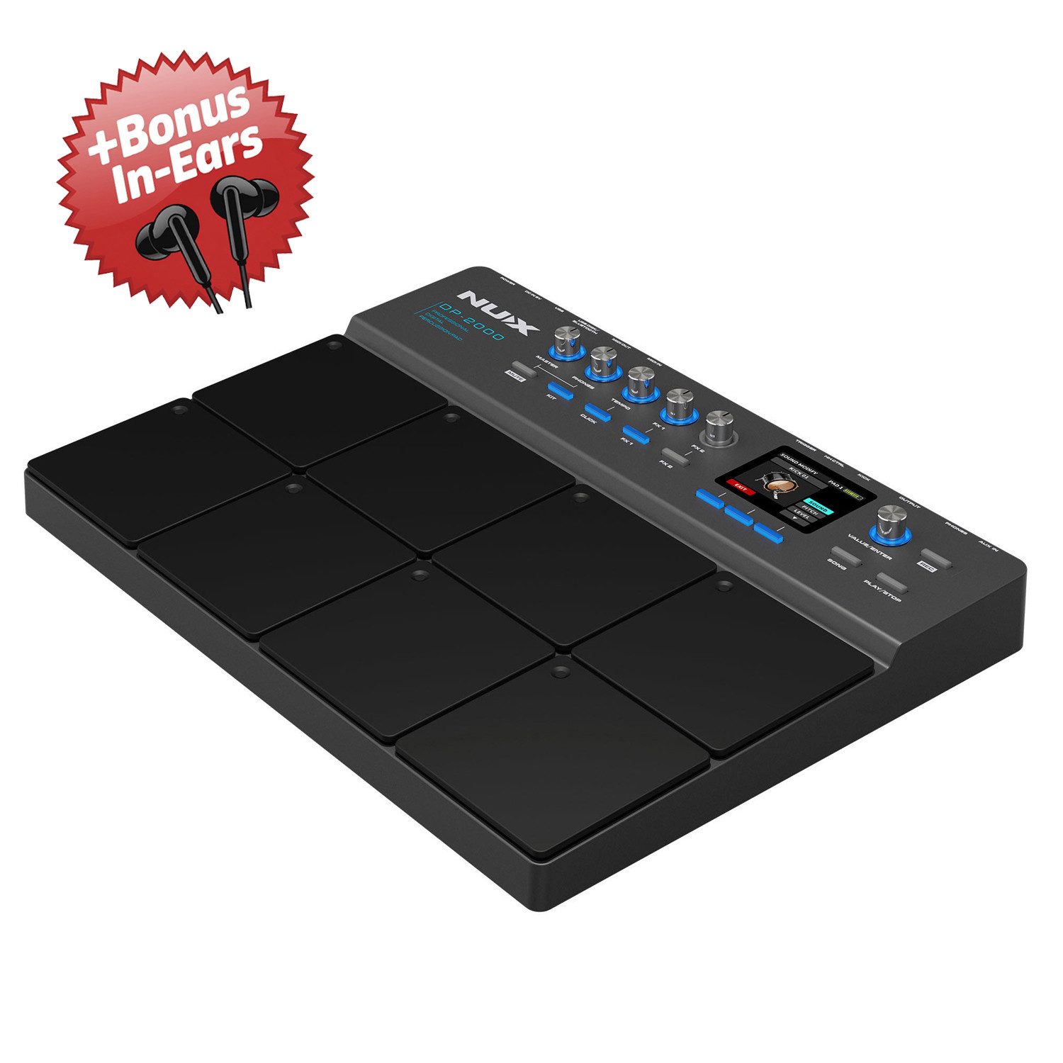 Nux E-Drum Nux Percussion Pad DP-2000 E-Drum+ Bonus In-Ear Kopfhörer,Percussion-Pad, Digitales Percussion-Pad mit 8 Pads