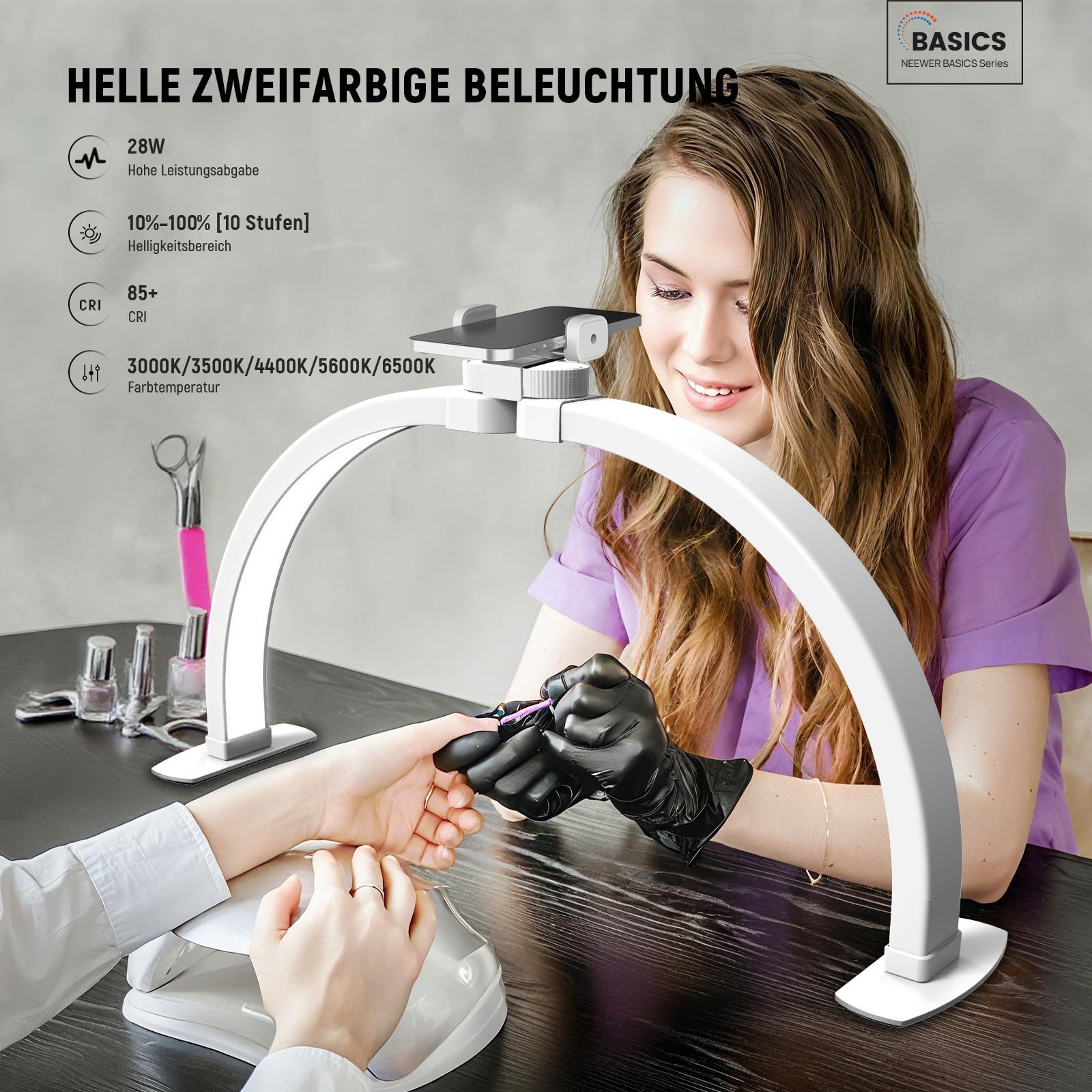 Neewer LED Schreibtischlampe HM04-D 23" Tishc Halbmond Nail Lamp, 308 LEDs, 28W, zweifarbig, LED fest integriert, 3000K/3500K/4400K/5600K/6500K, mit Handyhalterung, faltbare Tischlampe für Maniküre Handwerks