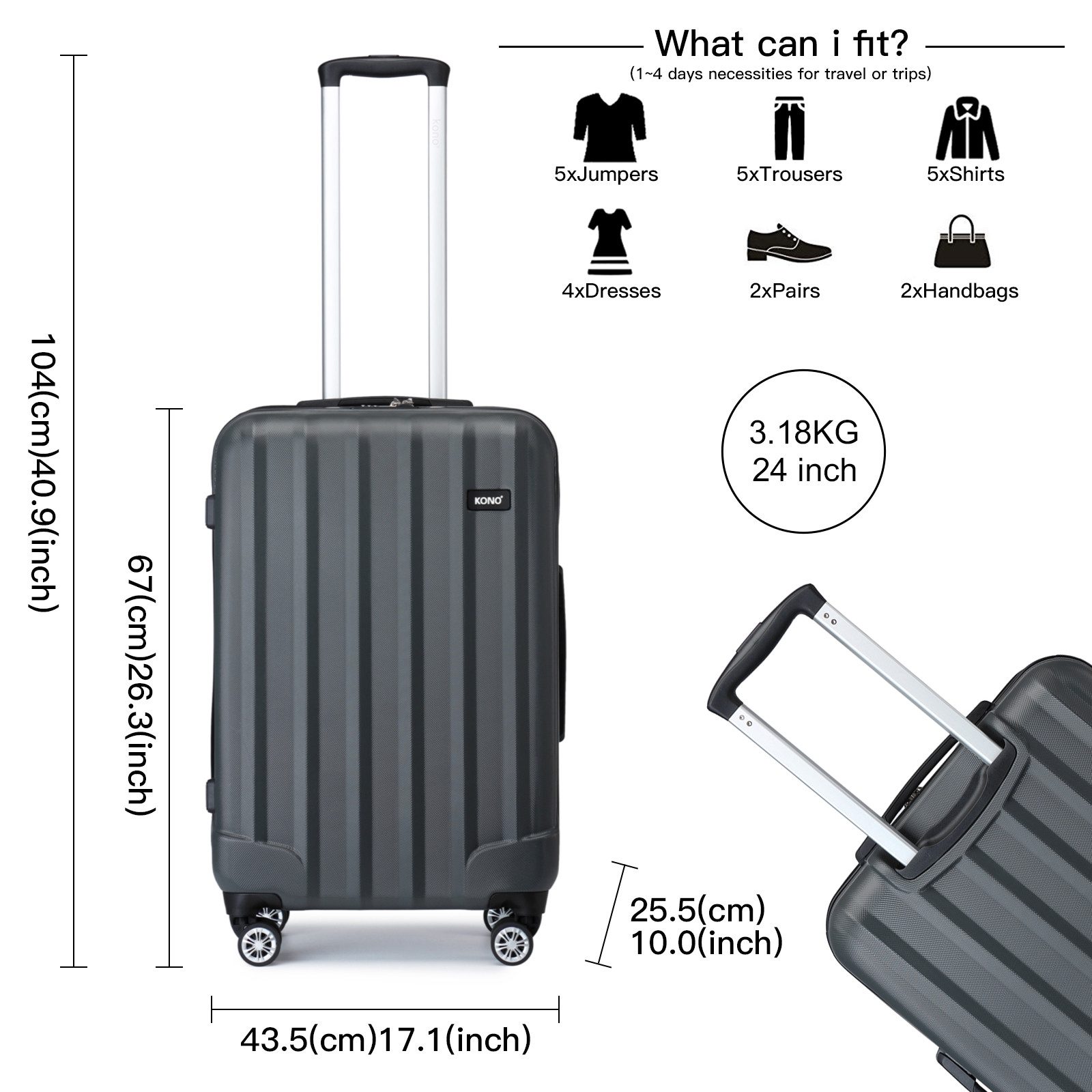 KONO Hartschalen-Trolley Hartschalen Trolley Koffer mit 4 Rollen und Zahlenschloss –Reisekoffer
