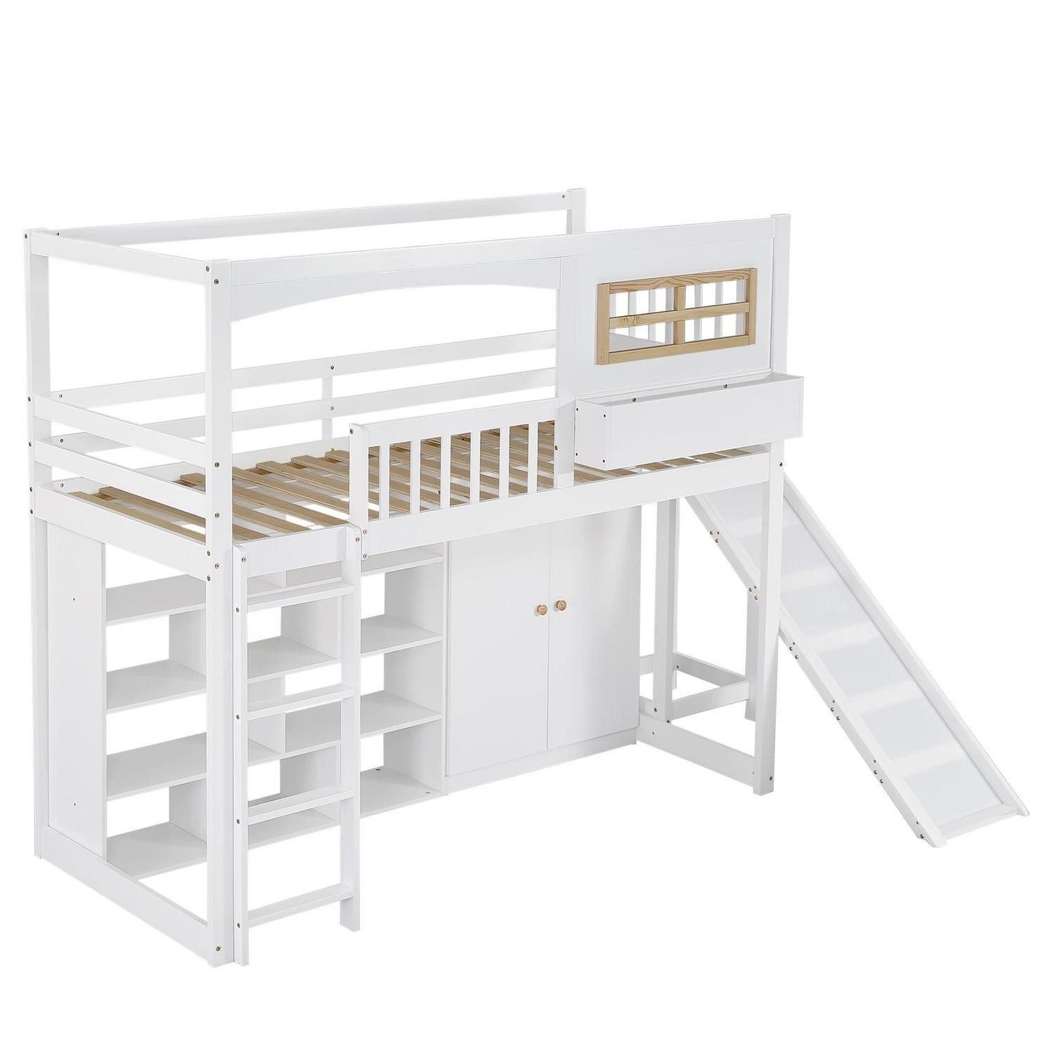 LuxusKollektion Spielbett Hochbett 90x200 cm mit Rutsche Kleiderschrank weiß