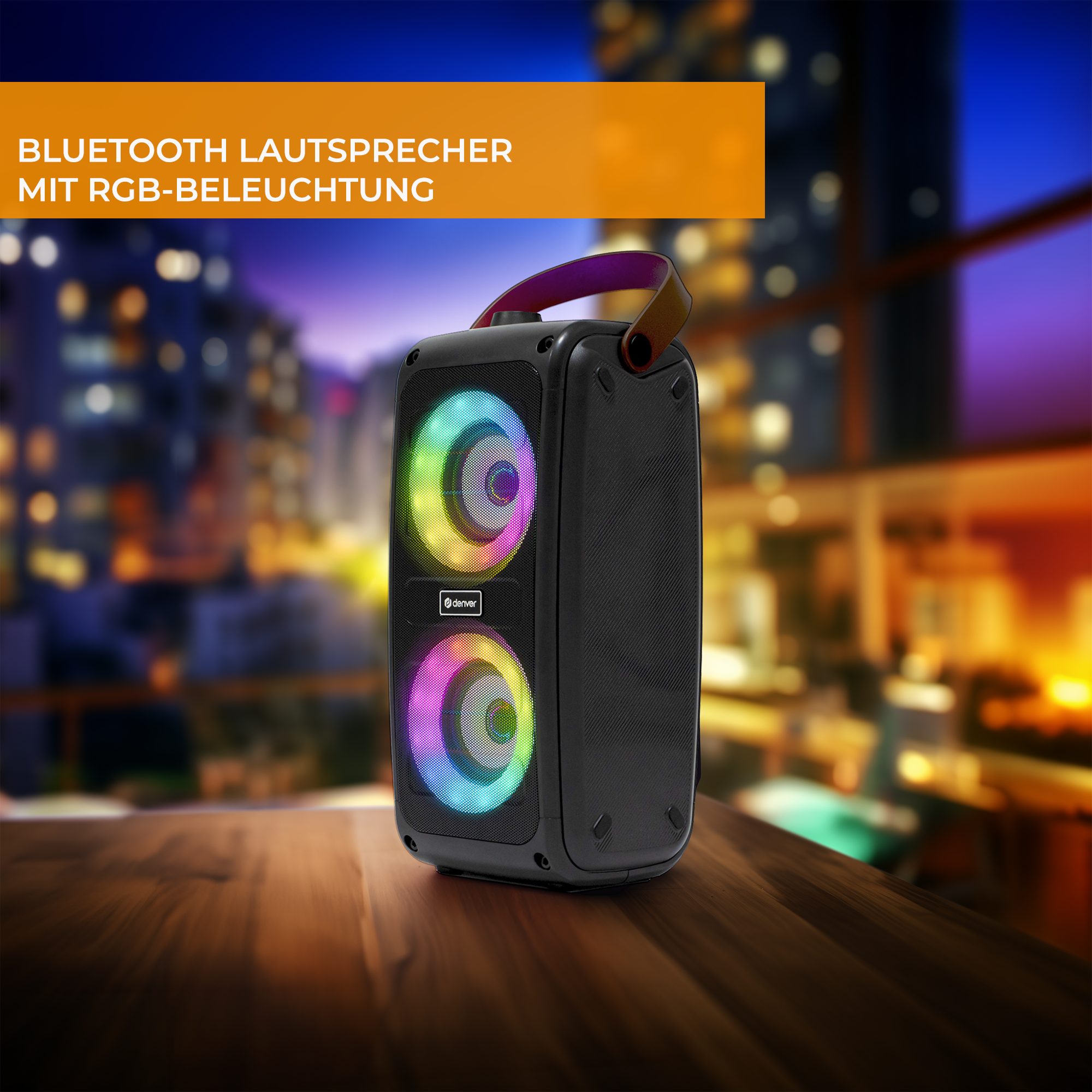 Denver BTV-230 Bluetooth-Speaker (100 W, 10m Bluetooth- Reichweite, LED Lichteffekte, Karaoke-Option)