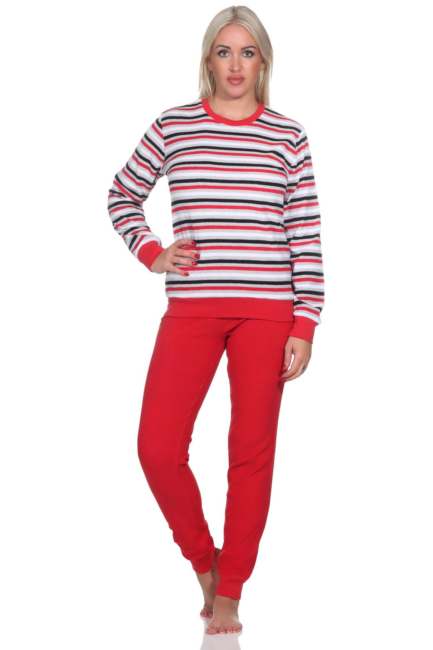 Normann Pyjama Damen Frottee Schlafanzug langarm mit Bündchen in Streifenoptik rot1