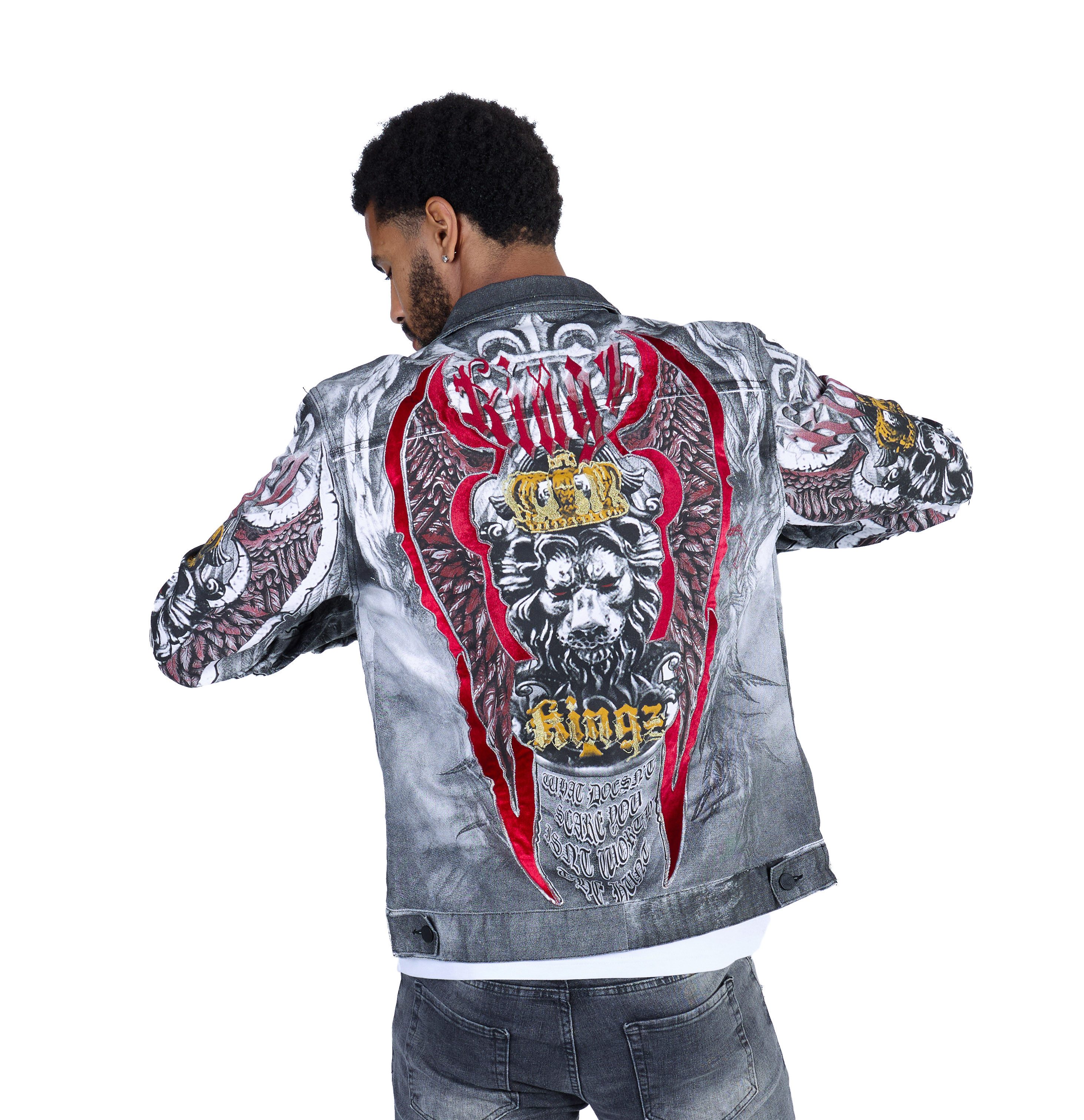 KINGZ Jeansjacke Designer Jeansjacke mit All-Over Print Weiß M