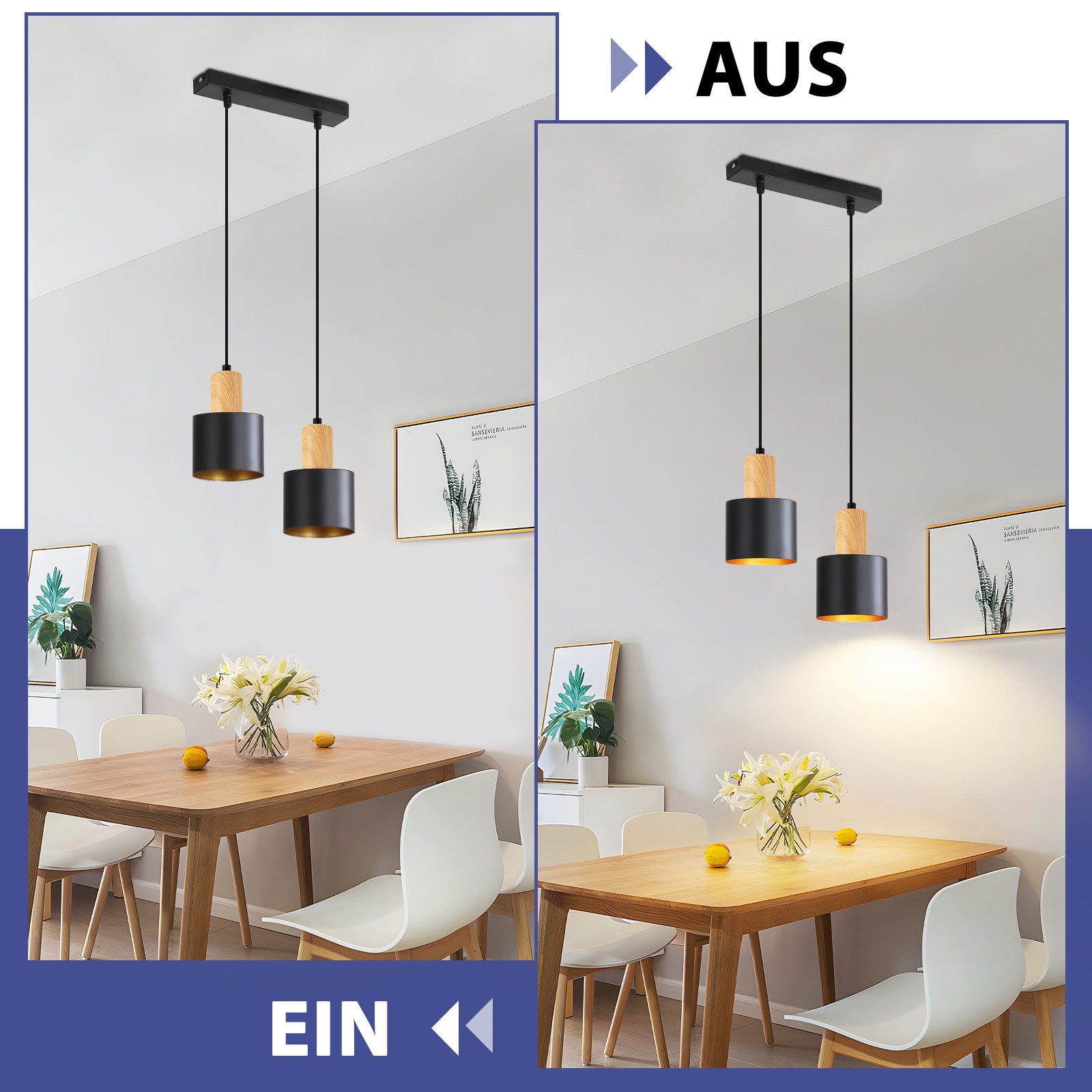 Nettlife Hängeleuchte Schwarz Vintage 1/2/3 Flammig Esstisch E27 Pendelleuchte, Höhenverstellbar, LED wechselbar, Metall Pendelleuchte Essbereich Hängelampe – Bild 5 von 5