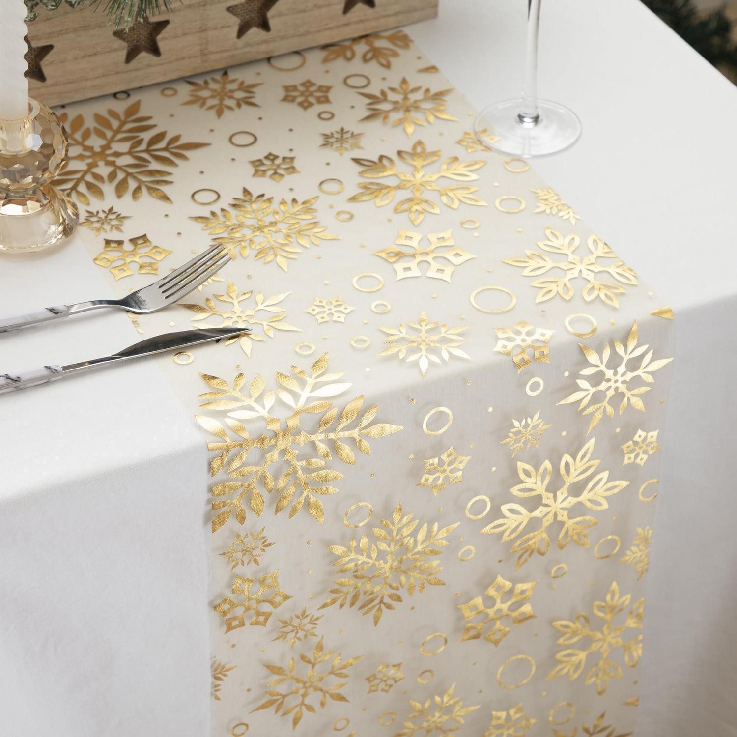LuxusKollektion Tischläufer Weihnachtstischläufer Gold Schneeflocken 28x10m