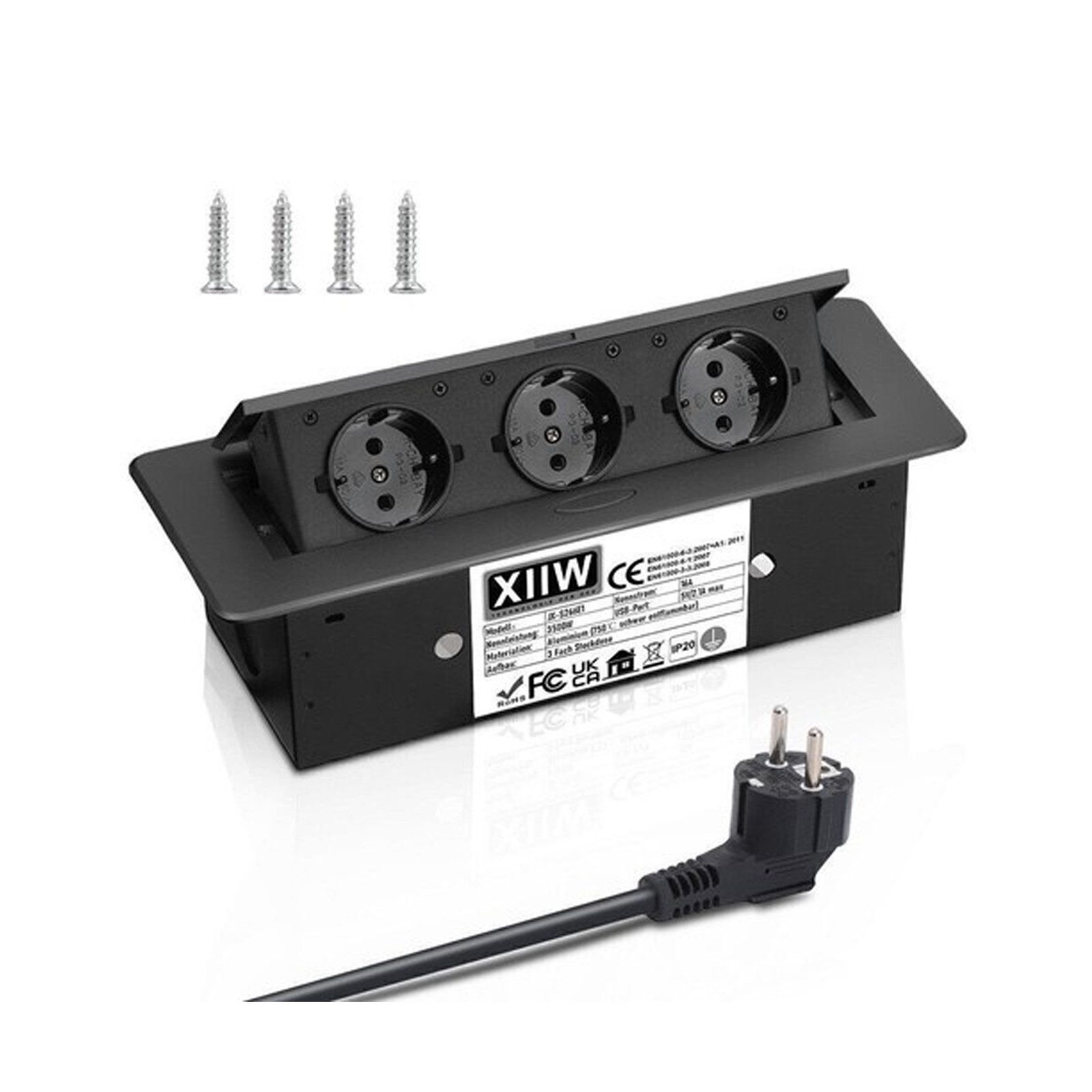 XERSEK 1.8m Kabel + Netzteil Versenkbar Einbausteckdose Alu Tischsteckdose Einbau-Tischsteckdose (3Fach, 3500W/16A Tischplatte, Bodensteckdose), Aluminium Steck – Bild 2 von 5