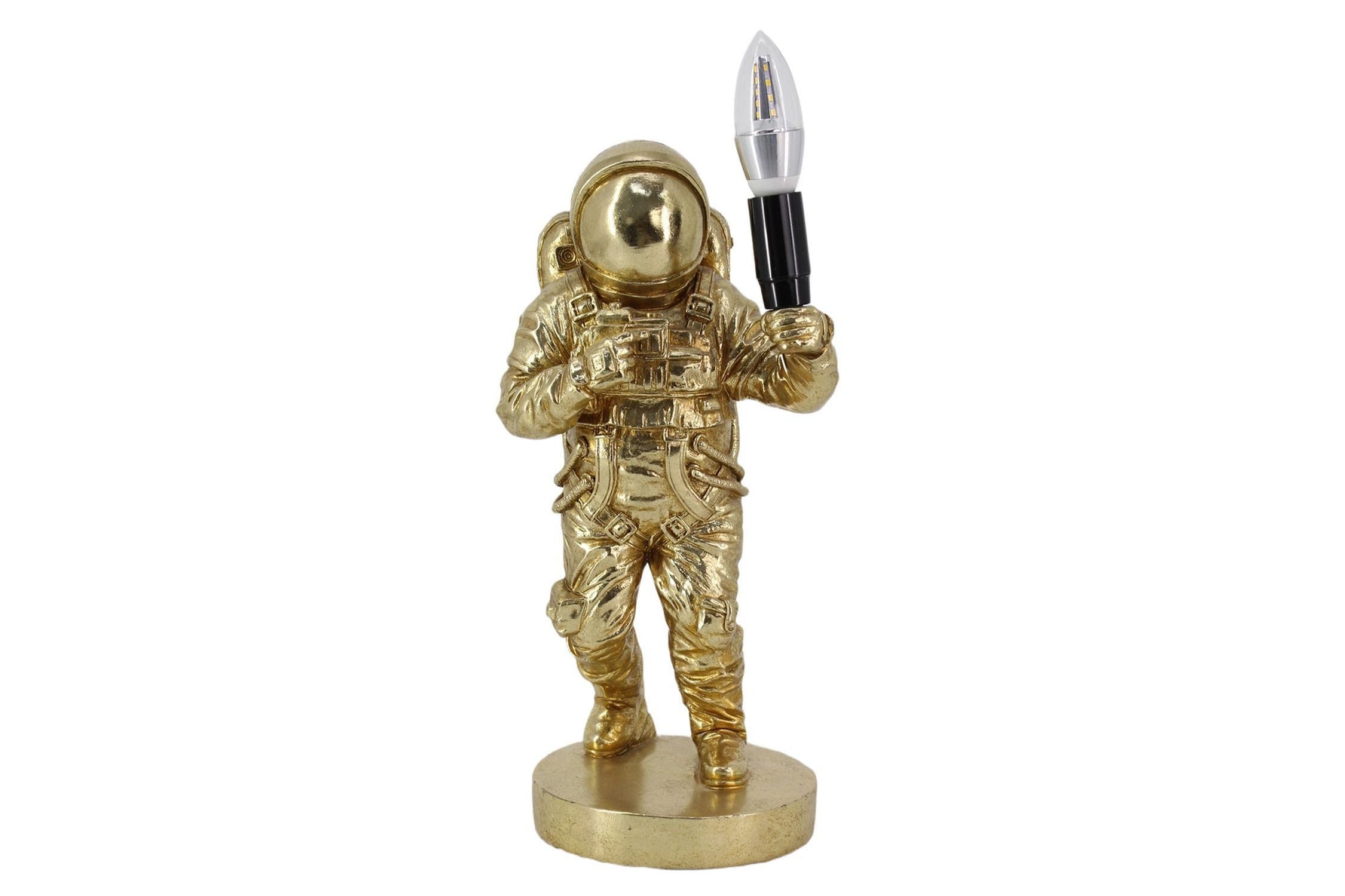 Licht-Erlebnisse Tischleuchte ARVIKA, ohne Leuchtmittel, Astronaut 36.5 cm Polyresin in Gold E14 Handarbeit Deko Statue