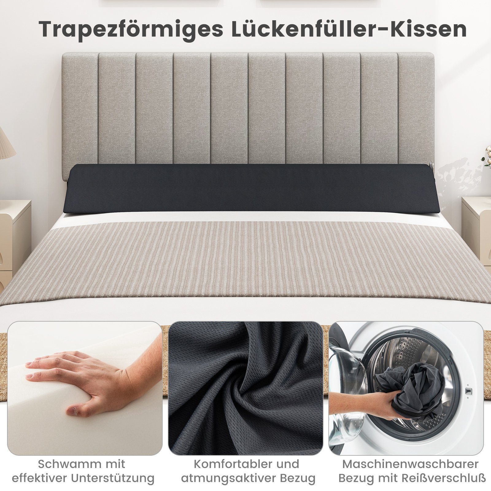 COSTWAY Keilkissen, Bett-Lückenfüller, mit Seitentasche, 137 x 25 x 13 cm