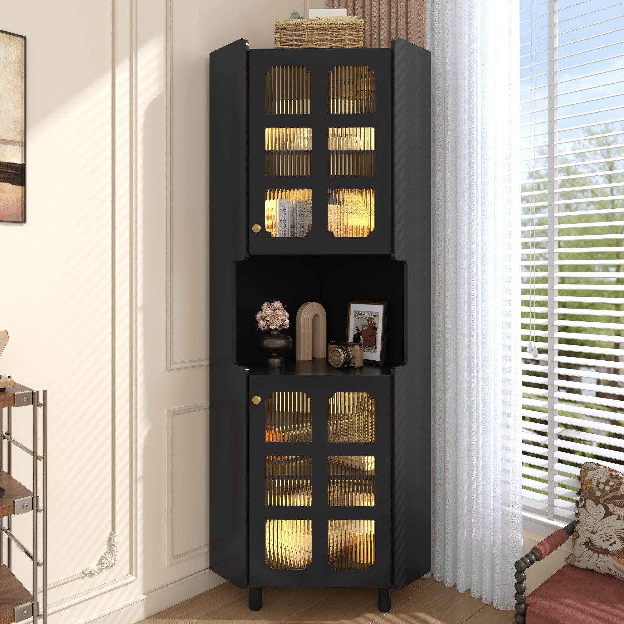Celya Eckvitrine Eck-Schrank mit Lackschicht & LED-Beleuchtung (MDF-Platte mit weißer Lackoberfläche, für Wohnzimmer, Bücherregal, Badezimmer, Schlafzimmer, Esszimmer) Multifunktionale Ecken-Kommode