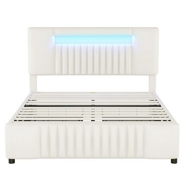 Merax Polsterbett Kunstleder mit Lattenrost, mit LED-Beleuchtung und vier Schubladen, Doppelbett 140x200cm