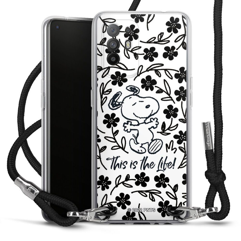 DeinDesign Handyhülle Peanuts Blumen Snoopy Snoopy Black and White This Is The Life, Oppo A94 5G Handykette Hülle mit Band Case zum Umhängen
