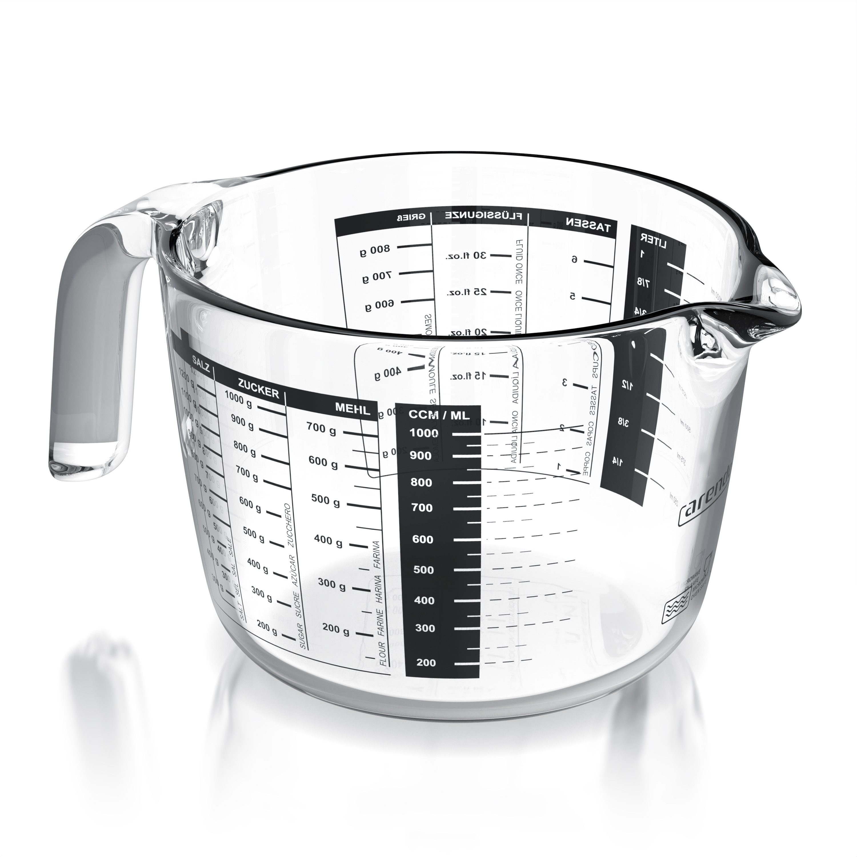 Arendo Мерные стаканы Glasbehälter 1000 ml, Küchenbehälter aus Borosilikatglas, Glas, Messkrug hitzebeständig, präzise Skala, für Küche, Schule, Gastronomie