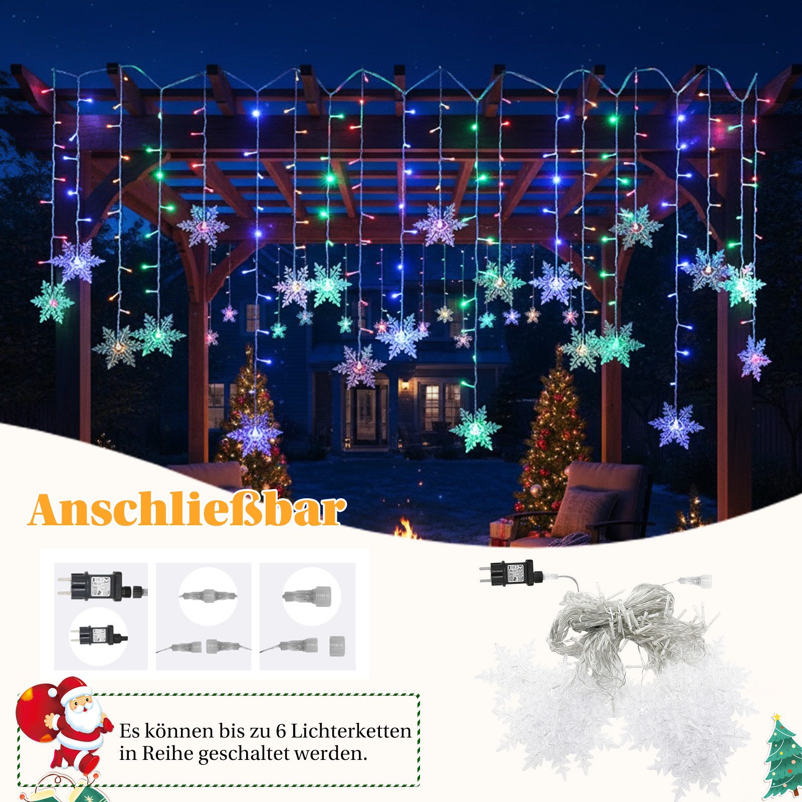 SERBASIC Lichtervorhang LED Schneeflocke Lichterkette, mit 8 Modi und Speicherfunktion, Timer, für Außen Weihnachten, Hochzeit, Balkon, Große Schneeflocke