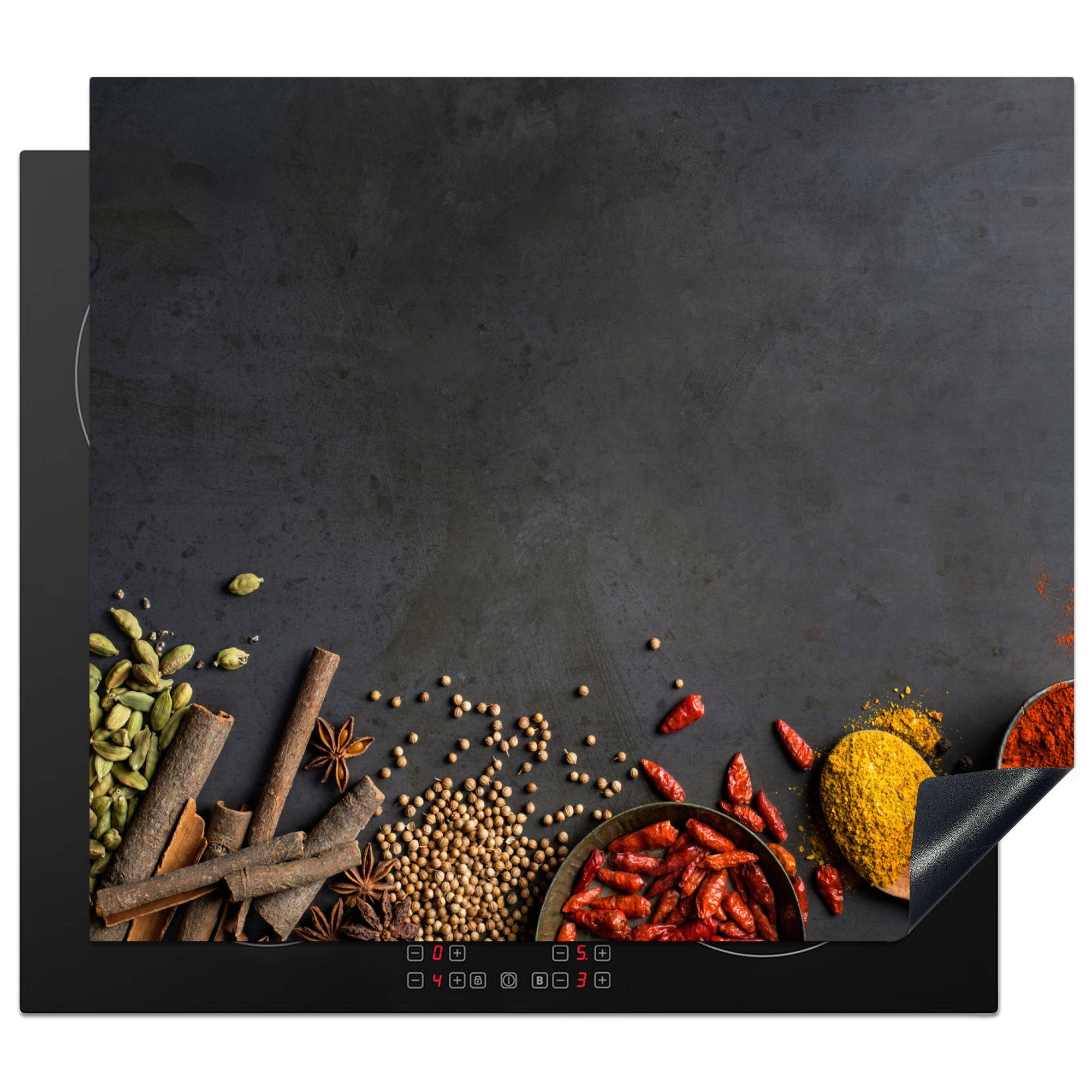 MuchoWow Herdblende-/Abdeckplatte Kräuter - Lebensmittel - Gewürze - Schwarz - Paprika - Zimt, Vinyl, (1 tlg), 59x52 cm, Ceranfeldabdeckung für die küche, Induktionsmatte