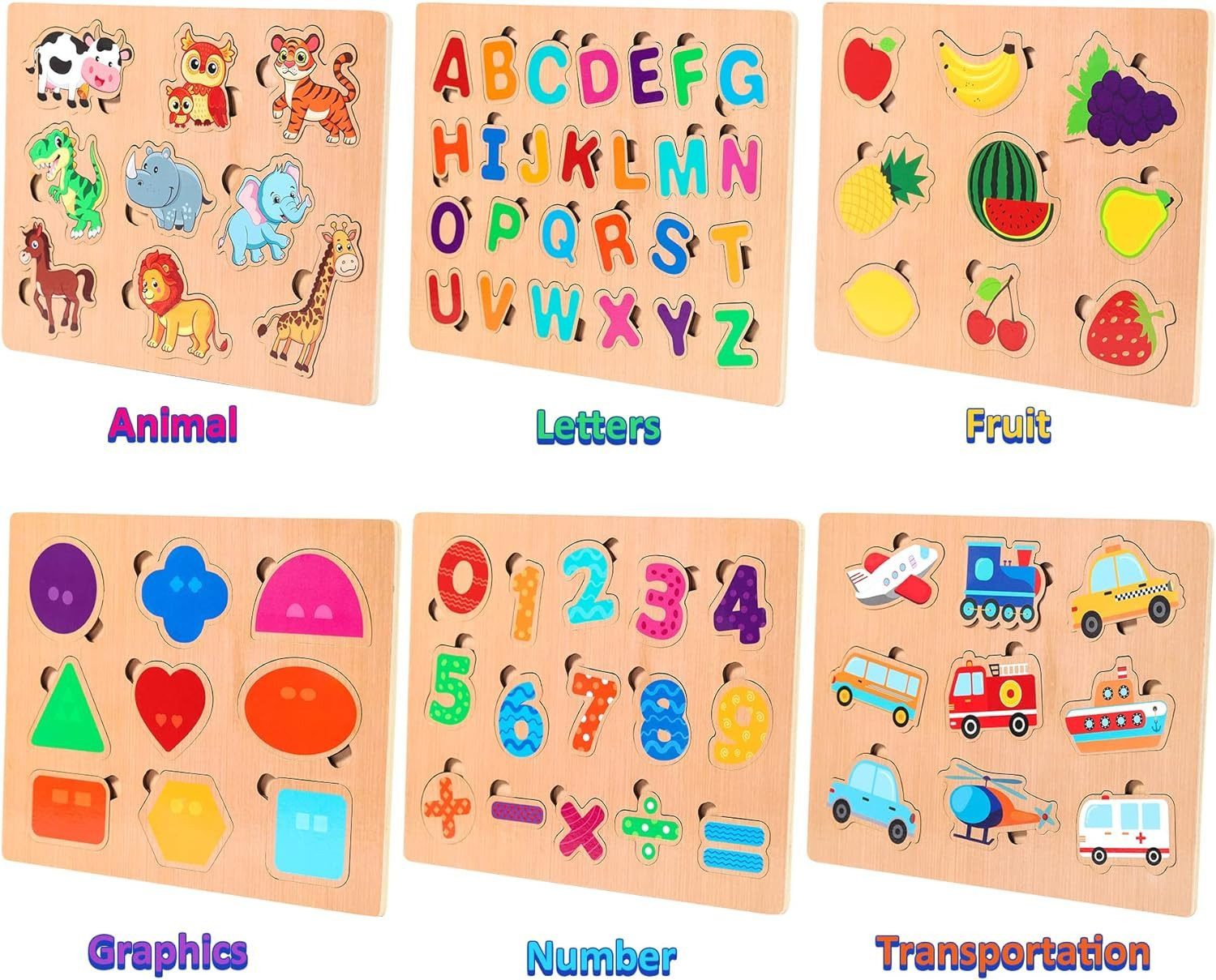 POPOLIC Lernspielzeug 6er Set Kinder Holzpuzzle,Allgemeinwissen-Rätsel, Montessori-Spielzeug (26 x 20 x 4.5 cm, 1-St., Umweltfreundliche, sichere Materialien), Puzzle Steckpuzzle Lernspielzeug Kinderspielzeug 2 3 Jahre