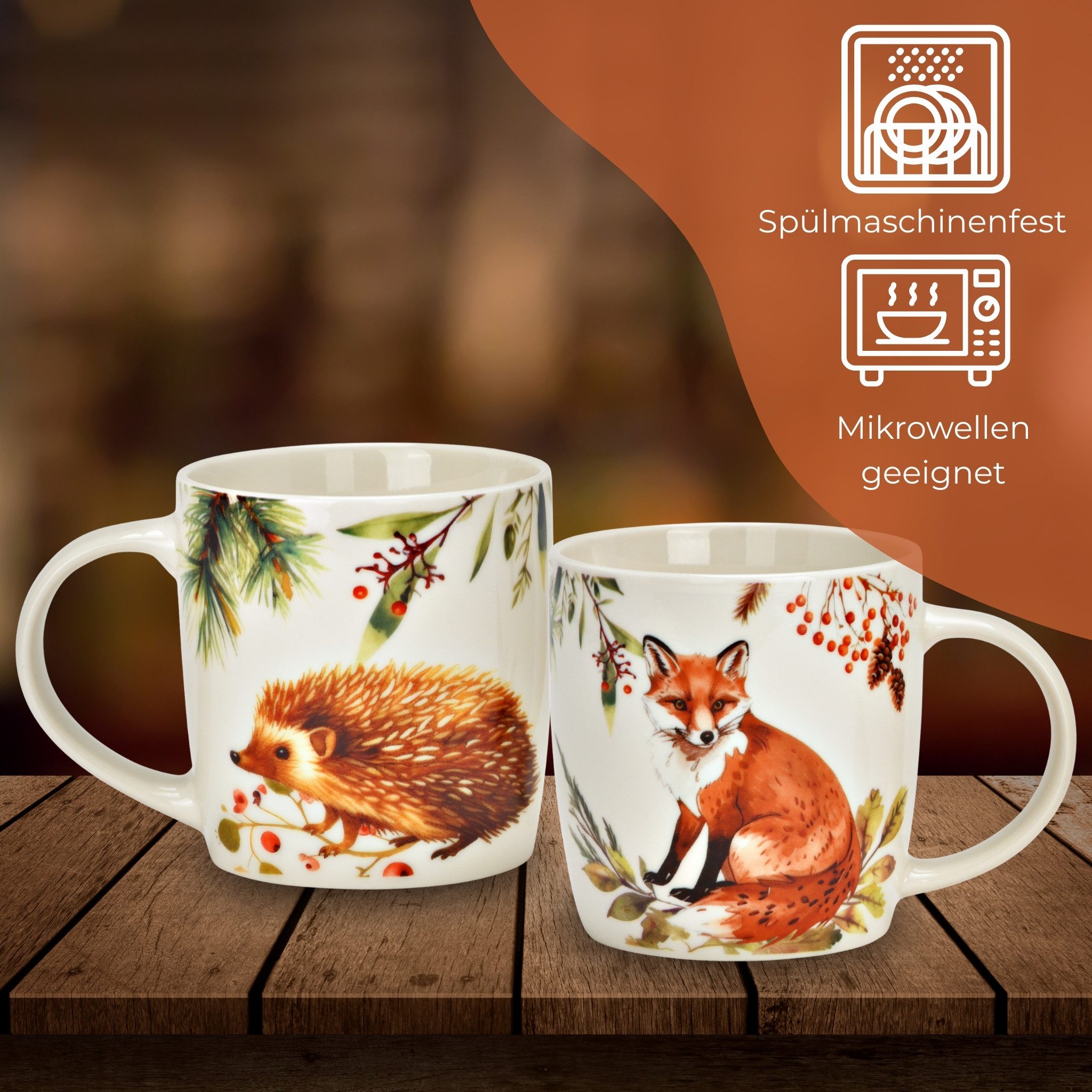 matches21 HOME & HOBBY Tasse Herbst Tassen Fuchs & Igel, 350 ml Kaffeetasse aus Porzellan, 2-tlg., Porzellan, Spülmaschinenfeste & Mikrowellengeeignete Teetasse