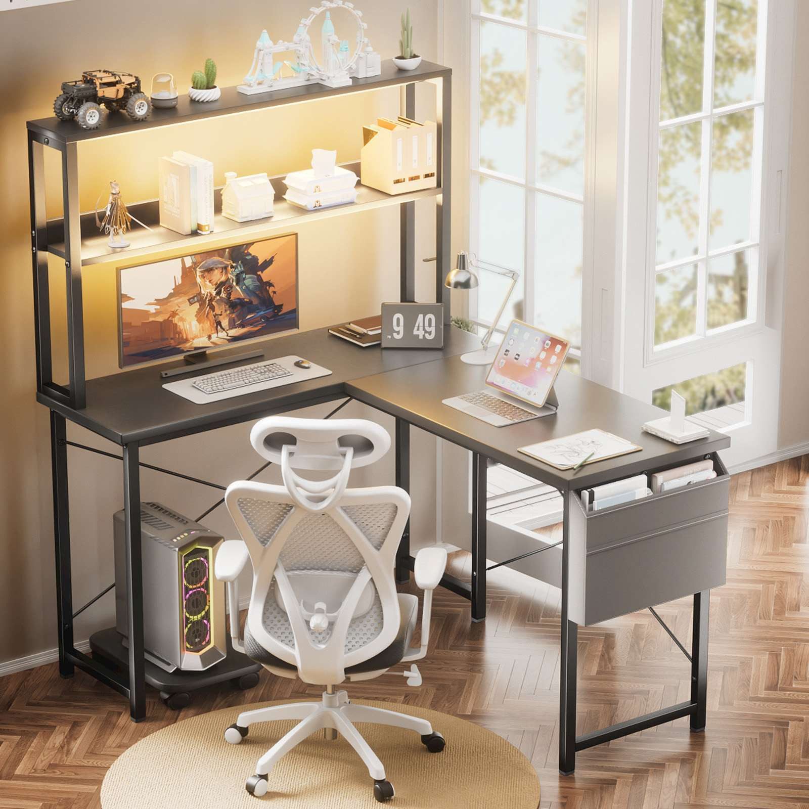 BBWL Computertisch mit LED-Beleuchtung 110 x 80 x 75 cm, Schreibtisch mit 2 Ablagen, PC-Halter, Stofftasche & 2 Montagemöglichkeiten