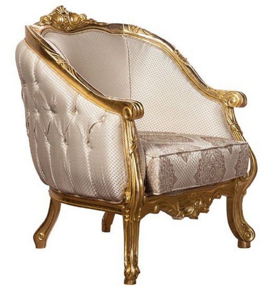 Casa Padrino Sessel Luxus Barock Wohnzimmer Sessel Beige / Gold    Handgefertigter Barockstil Sessel mit elegantem Muster   Prunkvolle Barock  ...