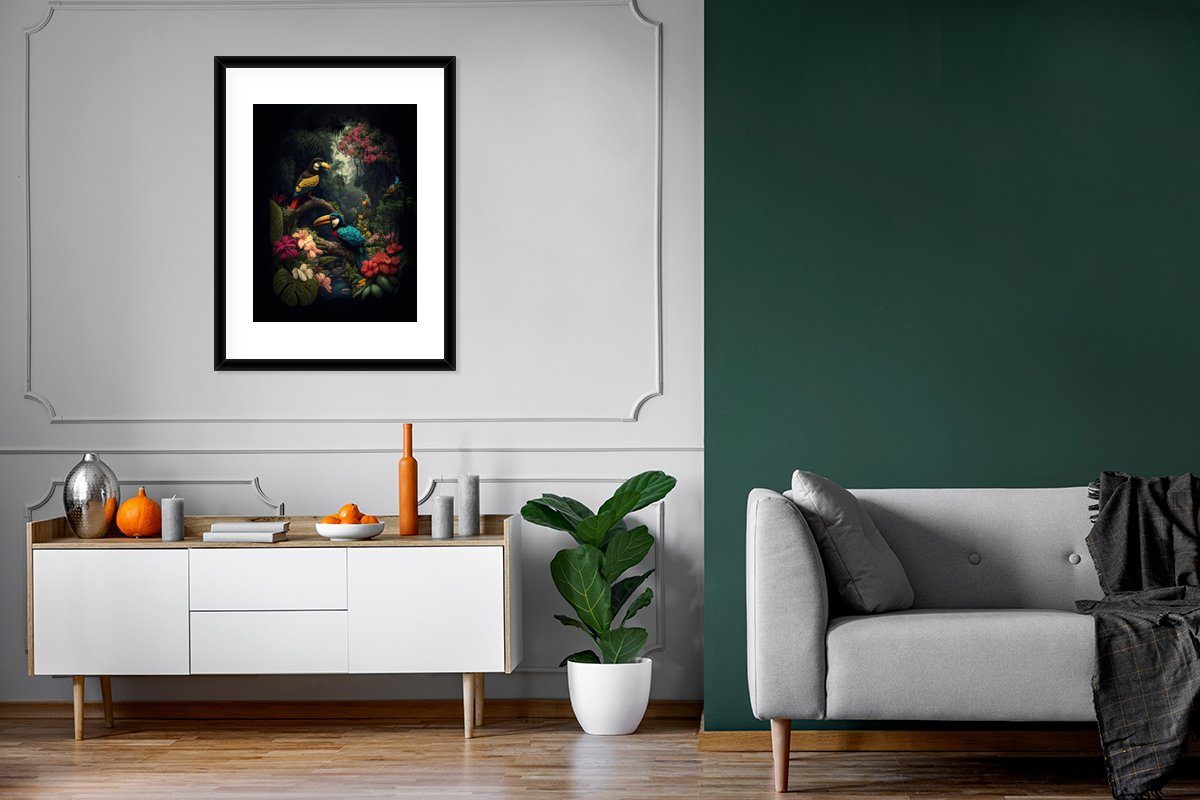 MuchoWow Poster Blumen - Vogel Dschungel (1 Bilderrahmen Gerahmtes - Wanddeko, - Bilder, Wandposter, Poster, St), Pflanzen, Schwarzem