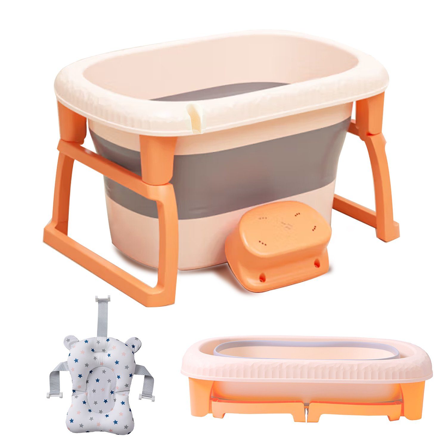 FOXSPORT Babybadewanne 3 in 1 Faltbare Badewanne für Kleinkinder & Kinder, Haustier, (Tragbare Badewanne für Dusche, Kinder Summer Schwimmbad), Wanne mit Badewannensitz für 3-6 Jahre und Duschrille für 0-3 Jahre orange