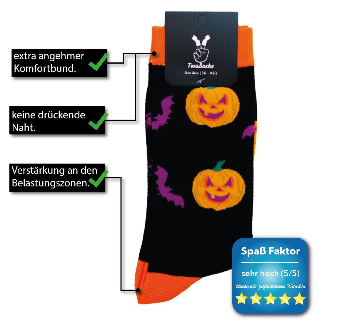 TwoSocks Freizeitsocken Halloween Socken Kürbis lustige Socken Herren & Damen, Einheitsgröße – Bild 5 von 5