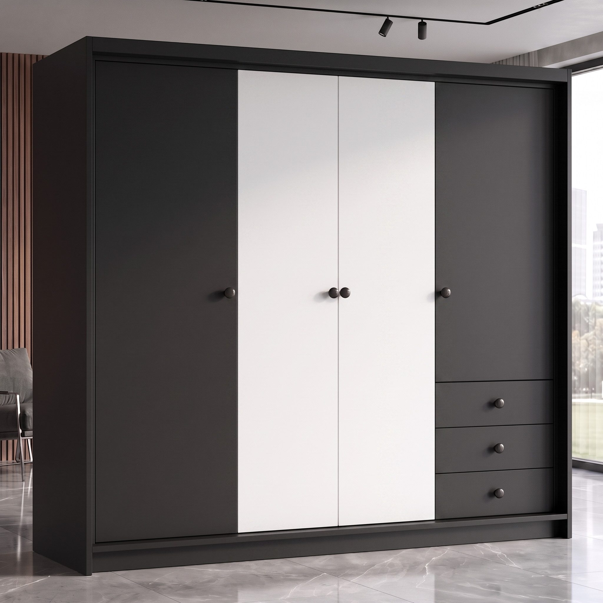A&J MöbelLand GmbH Drehtürenschrank FALKEN– viertüriger Kleiderschrank 200 cm (Geräumiger viertüriger Kleiderschrank mit Schubladen. Geräumiger Schrank mit einer Breite von 200 cm und Schubladen, ideal zur Aufbewahrung von Kleidung und Accessoires. Viel Stauraum. TOP PRODUKT! Wählen Sie das ideale Modell für Ihr Schlafzimmer!, TOP ANGEBOT) Breite: 200 cm, Höhe: 215 cm, Tiefe: 59,5 cm