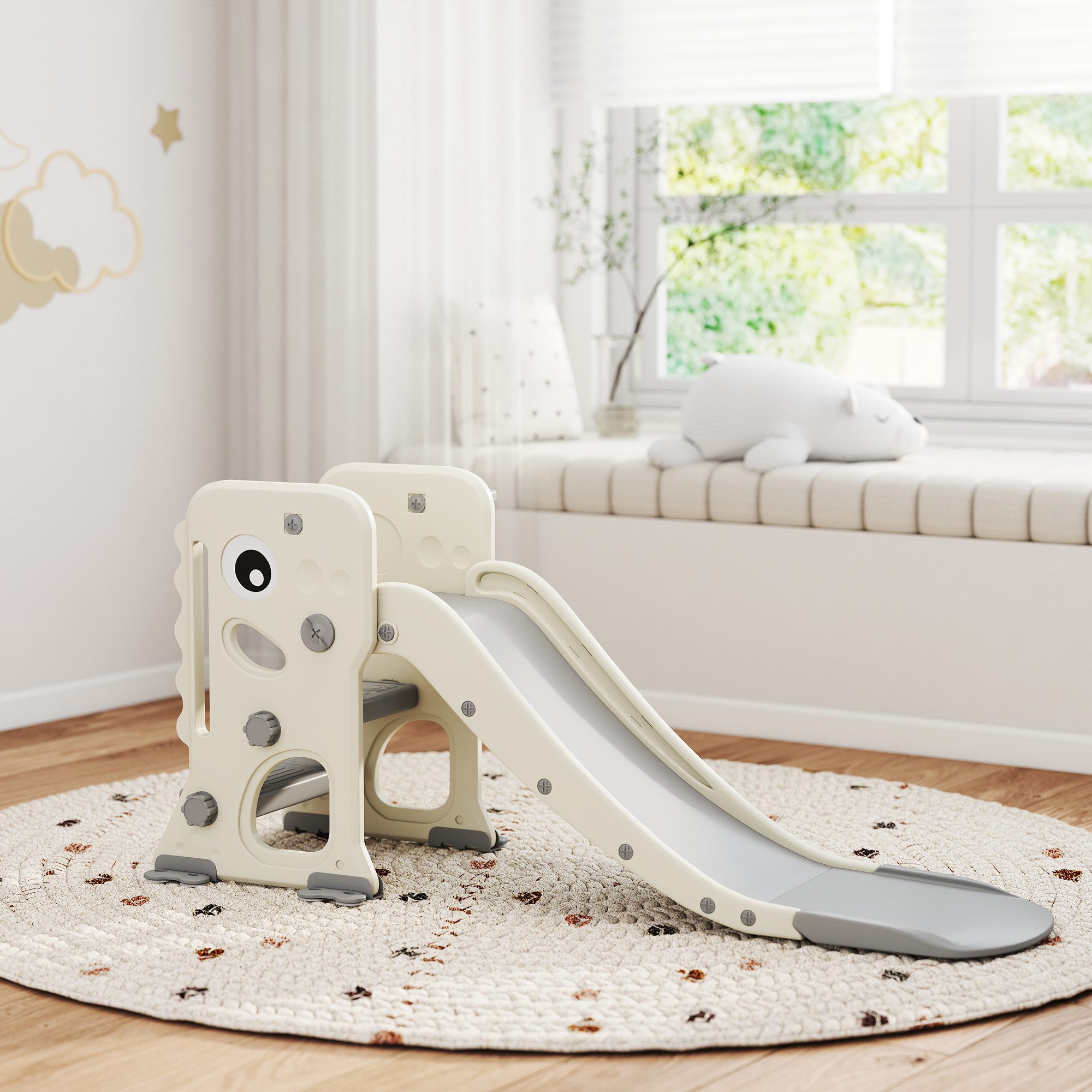 AIYAPLAY Rutscher Kinderrutsche mit Basketballkorb, Klettergerüst, Outdoor, (klappbar Kleinkinderrutsche, 1-tlg., 3 in 1 Kinderrutsche), für Kinder 2-5 Jahre, Indoor, Cremeweiß 146 x 52 x 65 cm