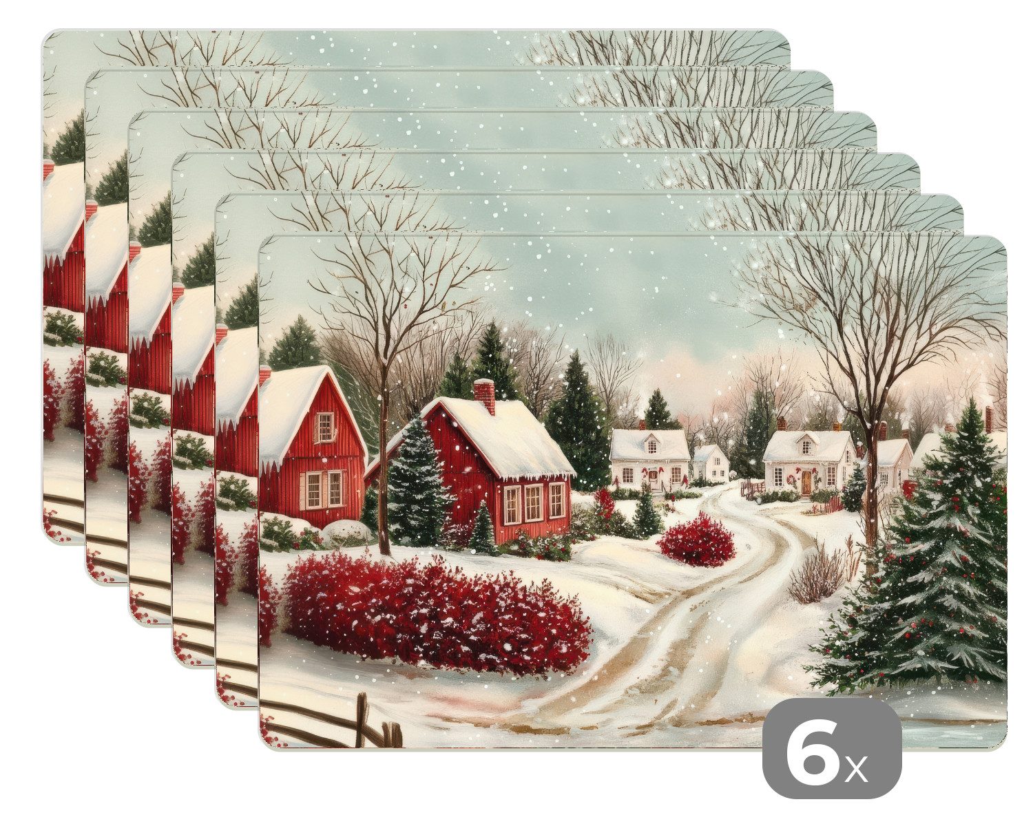 MuchoWow Platzset Weihnachtsstimmung - Ländlich - Rot, (6-St), Platzsets, Tischset, Abwaschbar, Tischsets, Platzdeckchen