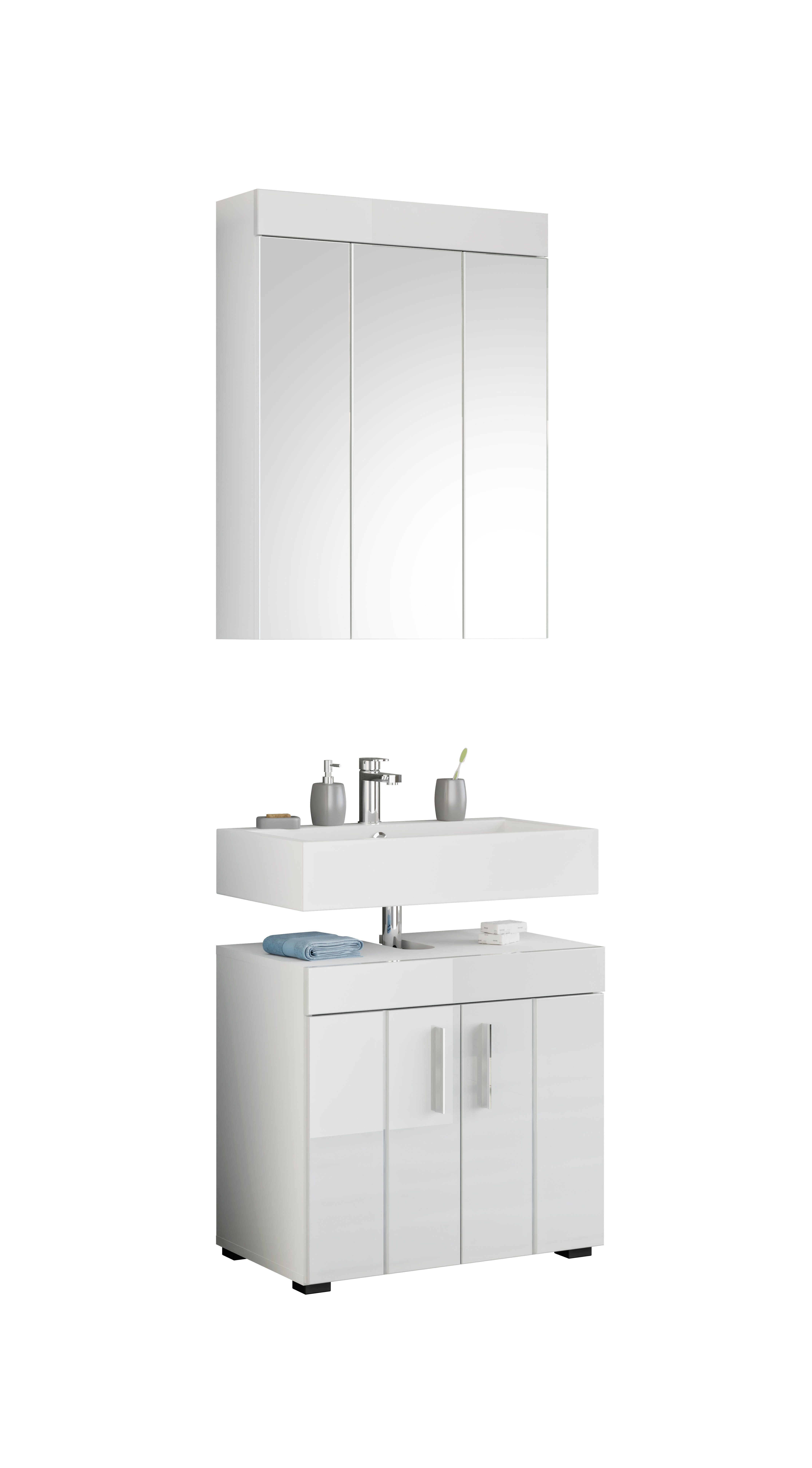 the kuup Badezimmer-Set Badkombination & I Modell Weiß Spiegelschrank aus 2-tlg), Horizontale (Badezimmer-Set Hochglanzfronten Akzentuierung, I Waschbeckenunterschrank, TK16