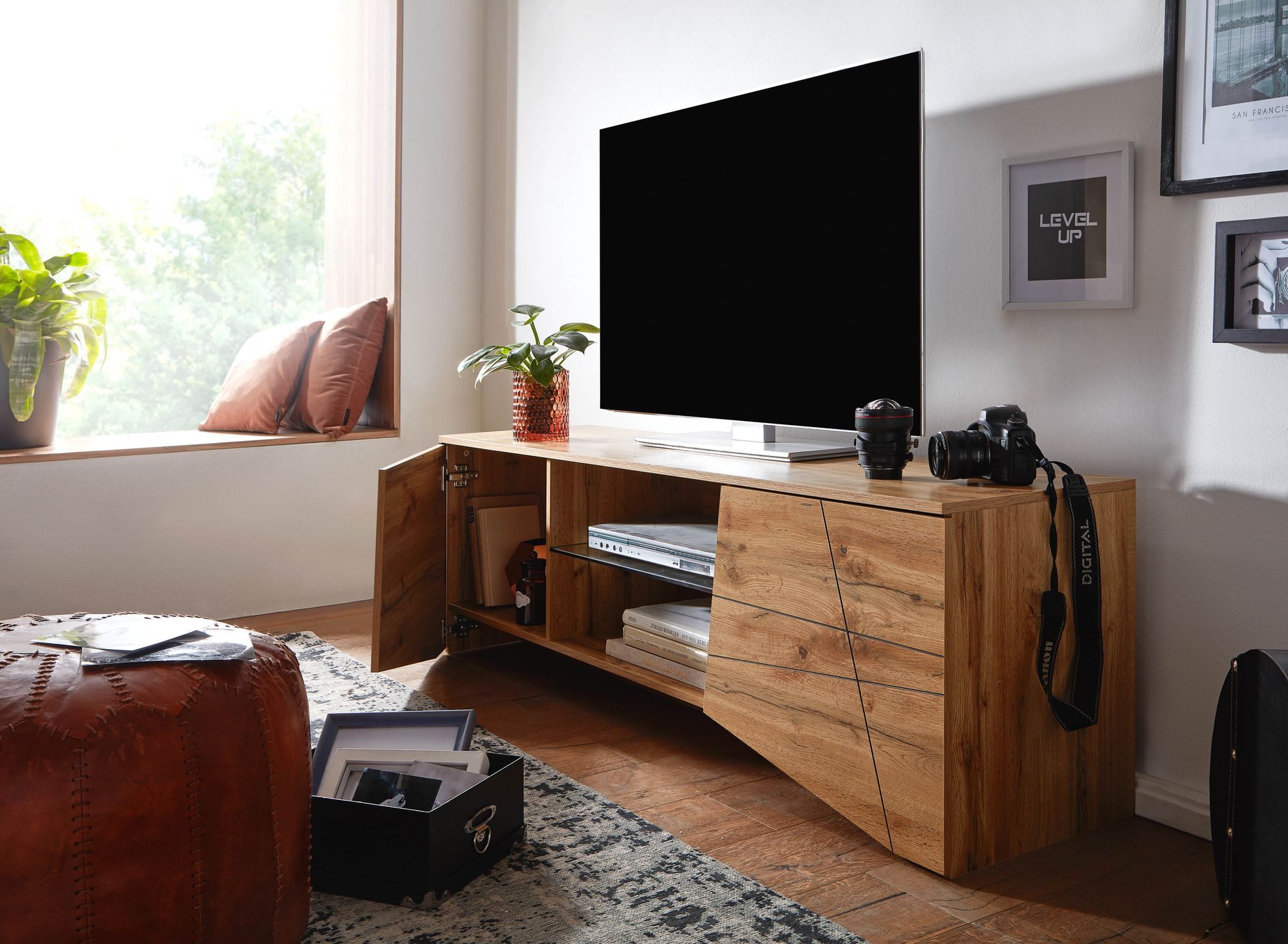 FINEBUY Lowboard FB76452 TV-Board Kommode 160cm MDF Eiche Dekor Design mit 2 Türen (TV-Kommode Hoch, TV-Schrank Modern, Fernsehtisch), Holz Eiche-Dekor 160x50x40 cm mit zwei Türen