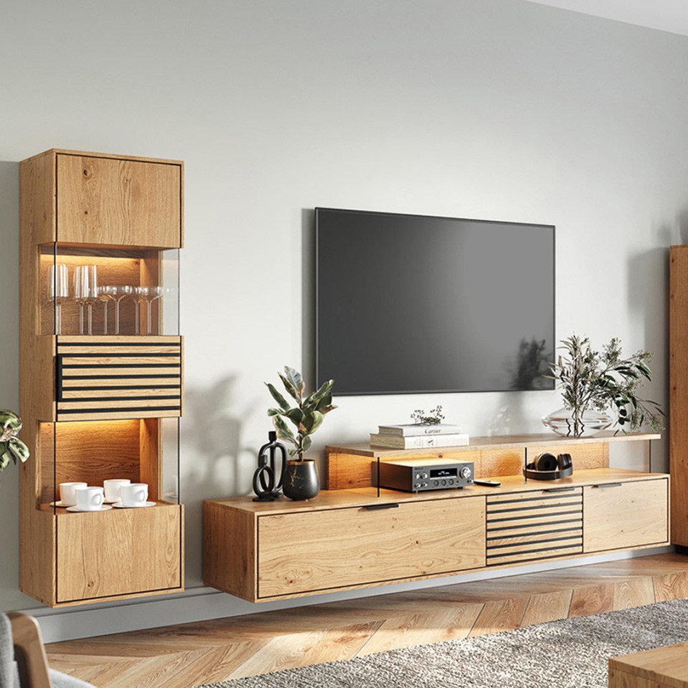 Lomadox Wohnwand TIVAT-163, (2-St., Vitrine Lowboard), Eiche massiv geölt inkl. LED-Beleuchtung, Front mit schwarzen Lamellen