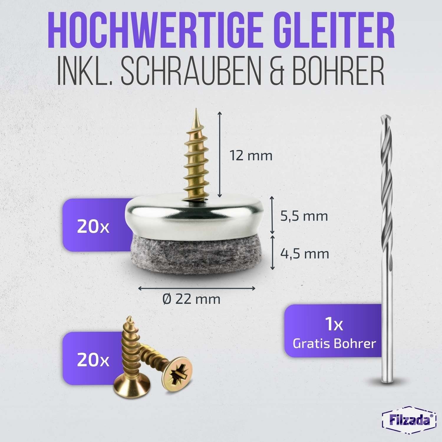 Schraube Profi Filzgleiter +Bohrer Filzgleiter Filzada 20x Ø22mm Stuhlgleiter Möbelgleiter