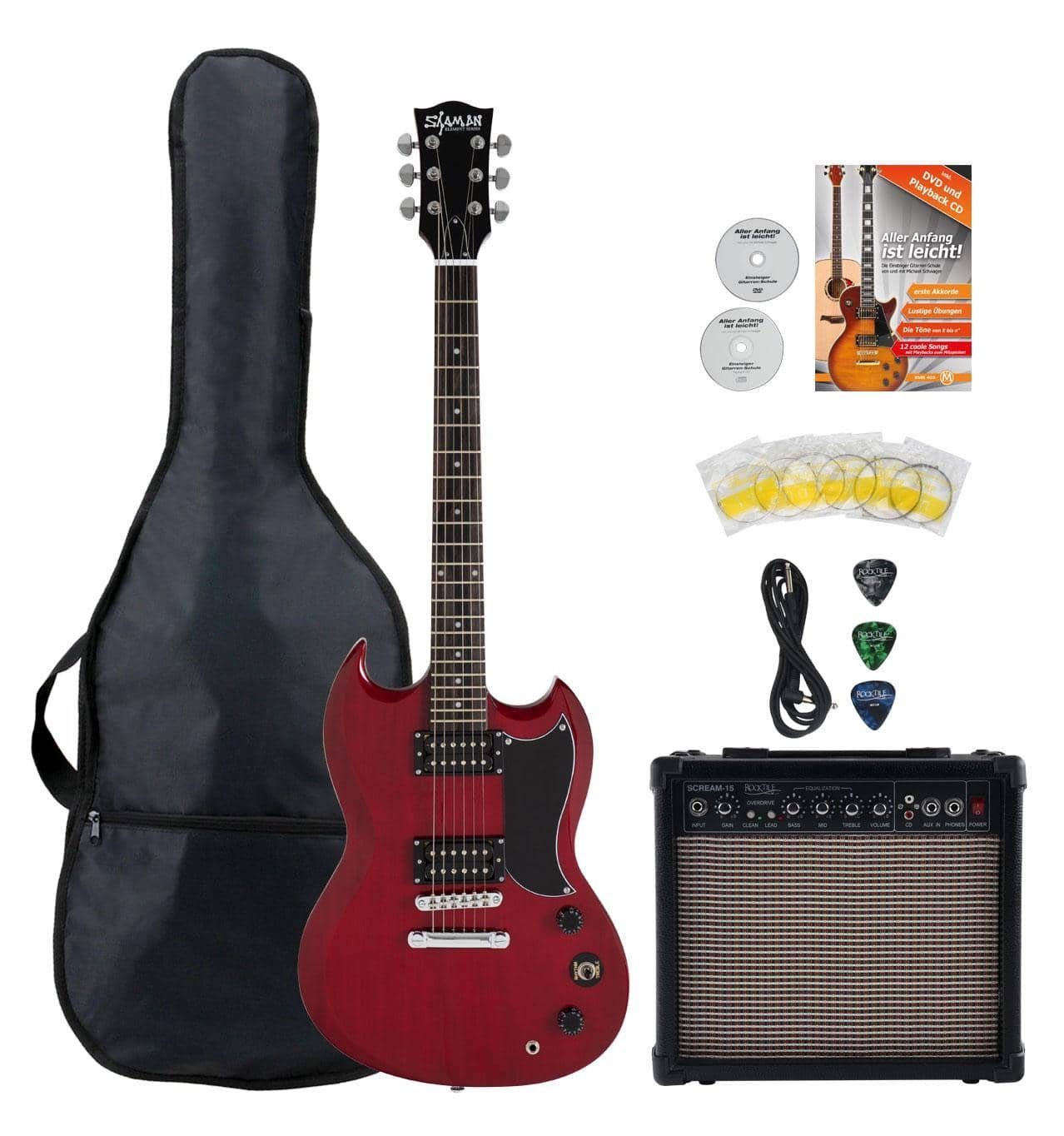 Shaman E-Gitarre DCX-100 - Double Cut-Bauweise - Mahagoni Hals - Macassar-Griffbrett, inkl. 15W Gitarren Amp & 5 teiligem Zubehörset