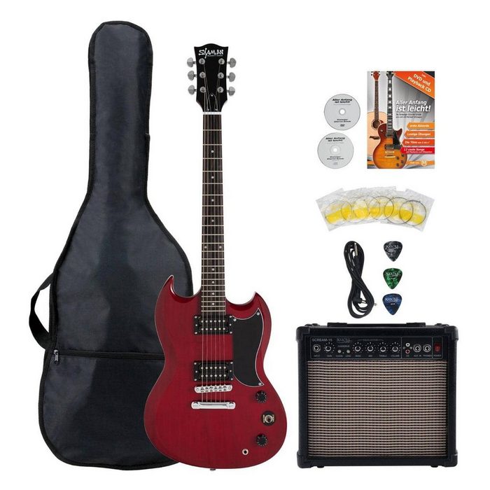 Shaman E-Gitarre DCX-100 - Double Cut-Bauweise - Mahagoni Hals - Macassar-Griffbrett inkl. 15W Gitarren Amp & 5 teiligem Zubehörset