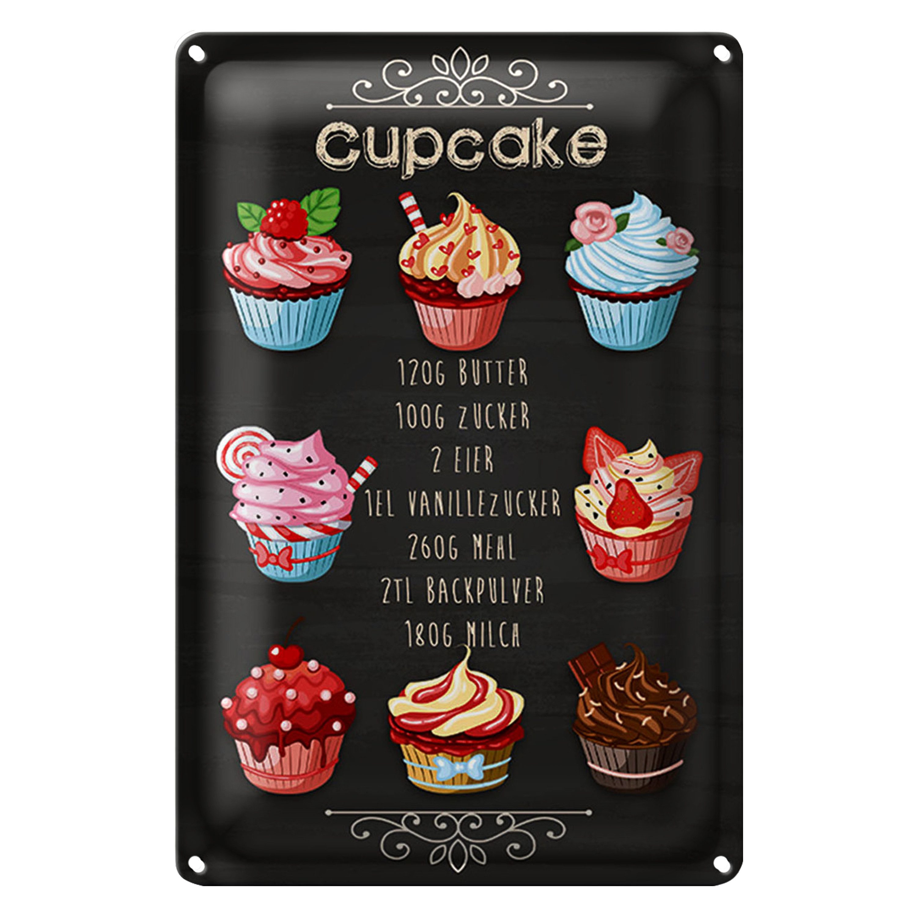 Metallschild Rezept 12x18cm Cupcake 120G Butter Zucker