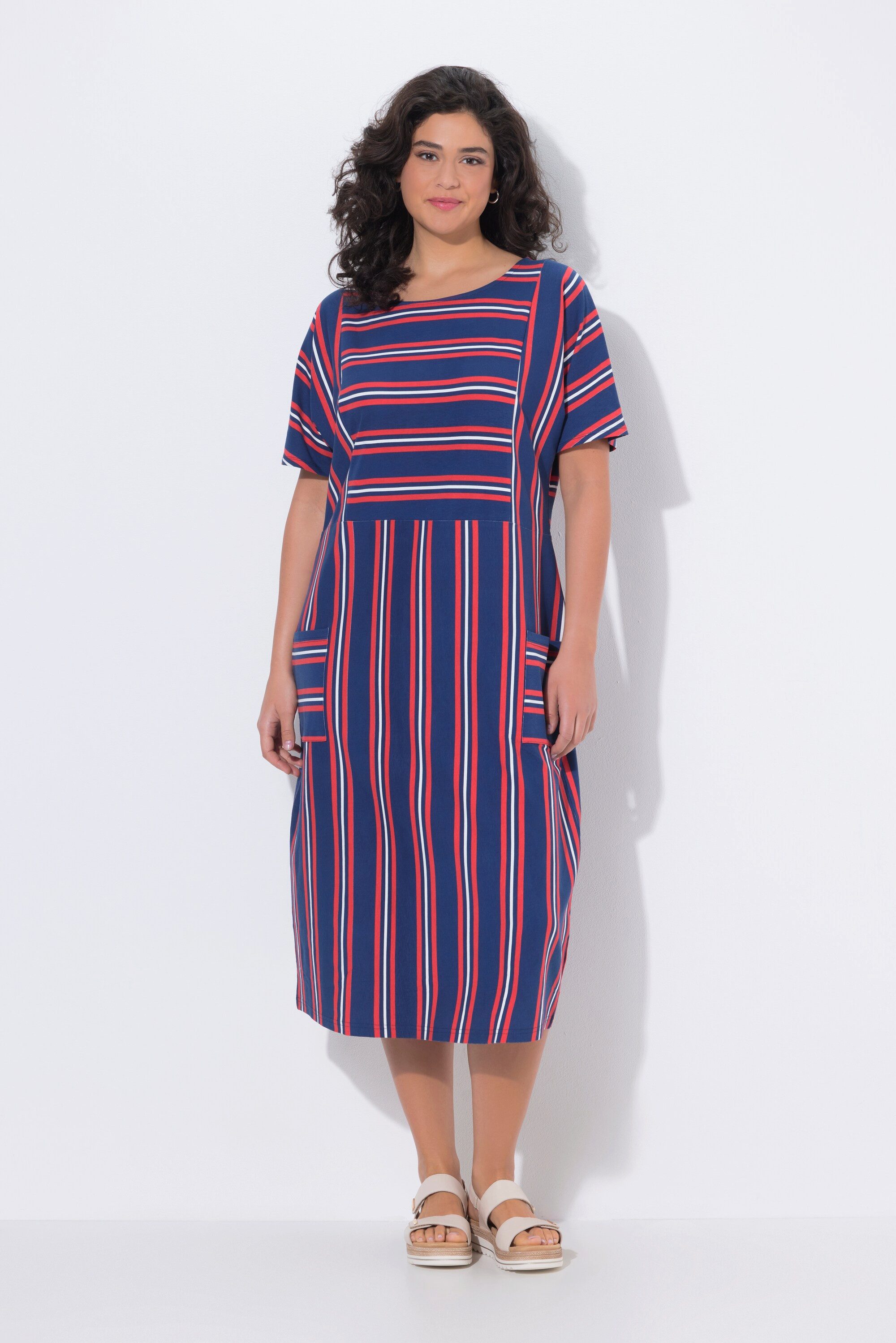 Ulla Popken Midikleid Jersey-Midikleid Streifen Rundhals Halbarm Taschen