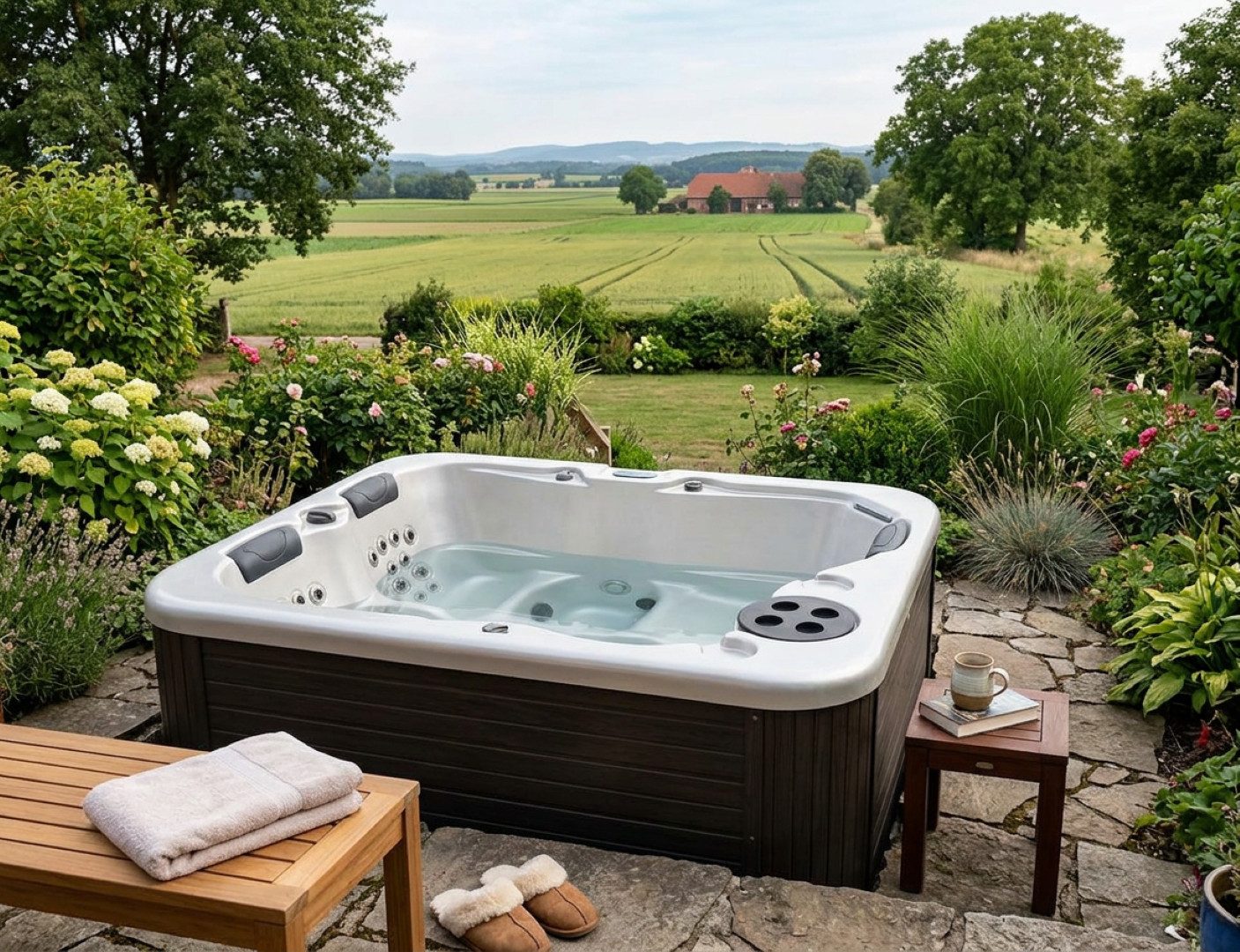 SPA Kompagniet Whirlpool Scandinavic Wood Art "Vlieland" Outdoor Whirlpool 3P 210×169 cm, Aufstellbecken, (Komplett inkl. Thermo-Cover, 1 Filter und Beleuchtung), 38 Massagedüsen, ergonomischer Liegeplatz und LED-Lichtpaket