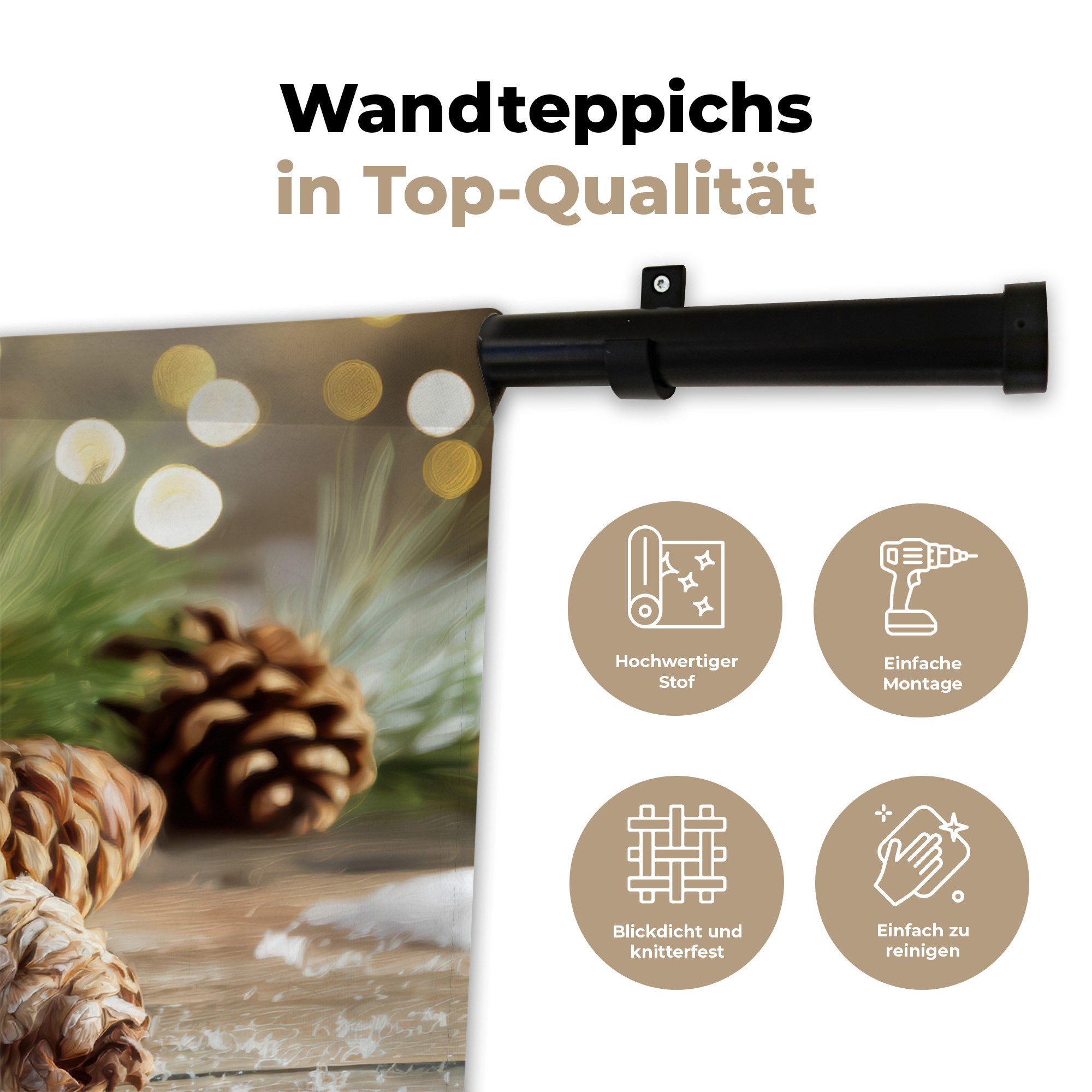MuchoWow Wandteppich Tannenzapfen - Weihnachtsstimmung - Braun - Grün, Rechteckig, Höhe: 3 mm, Wandteppich für Wohnzimmer, Schlafzimmer, 60x40 cm
