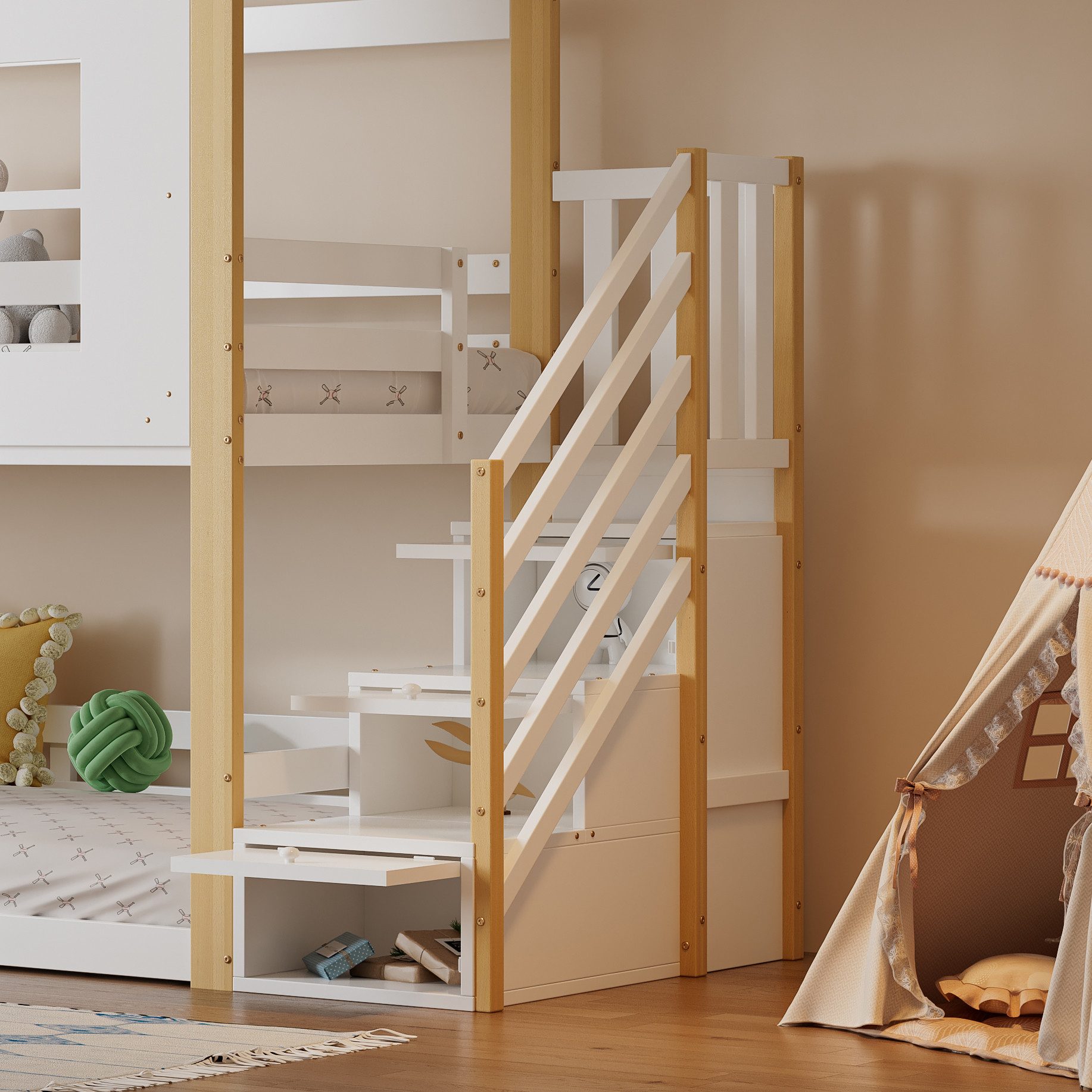 Flieks bunk bed, solid wood house bed, children's bed 90x200cm with storage stairs